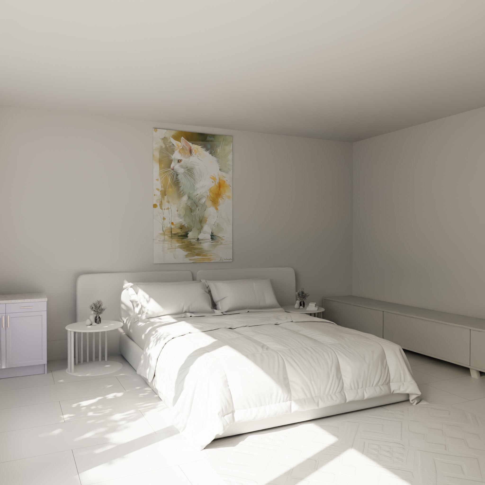 Decoration chambre tableau chat Turkish Van aquarelle blanc ambiance douce art mural felin