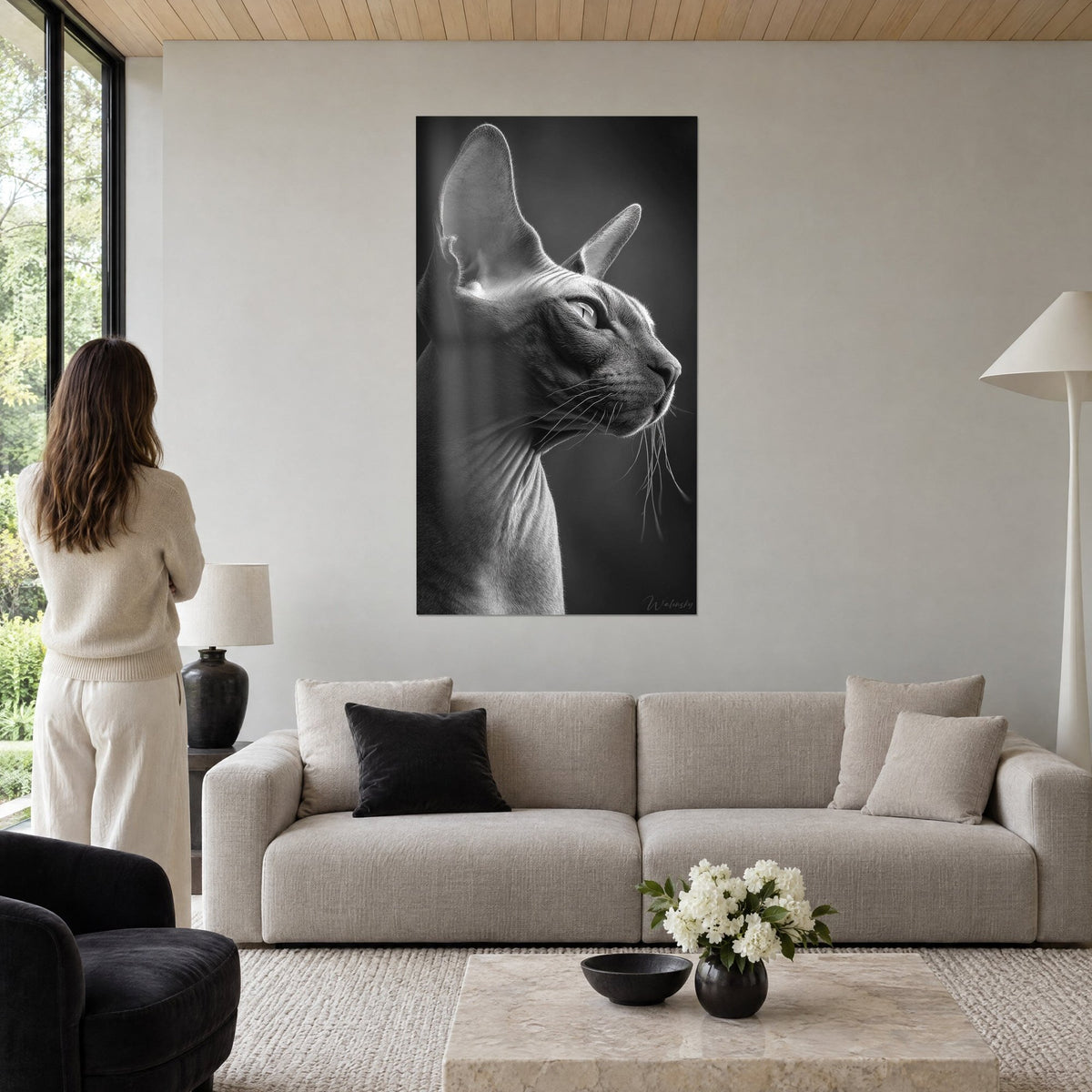 Quadro gatto senza pelo di profilo, bianco e nero, orecchio dritto, donna di spalle, sopra un divano in un soggiorno luminoso