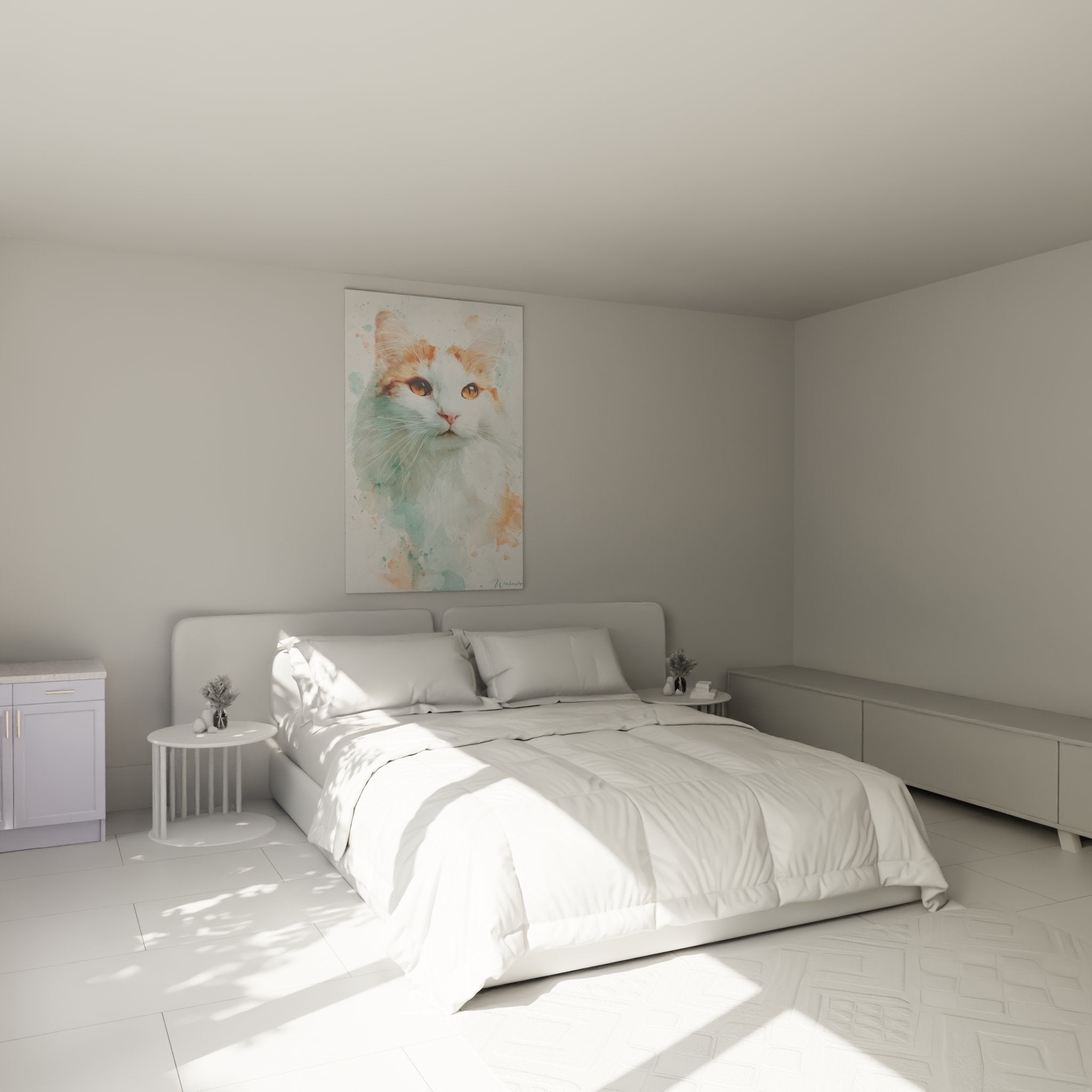 Décoration chambre avec tableau chat Turkish Van aquarelle, ambiance douce et apaisante pour intérieur moderne