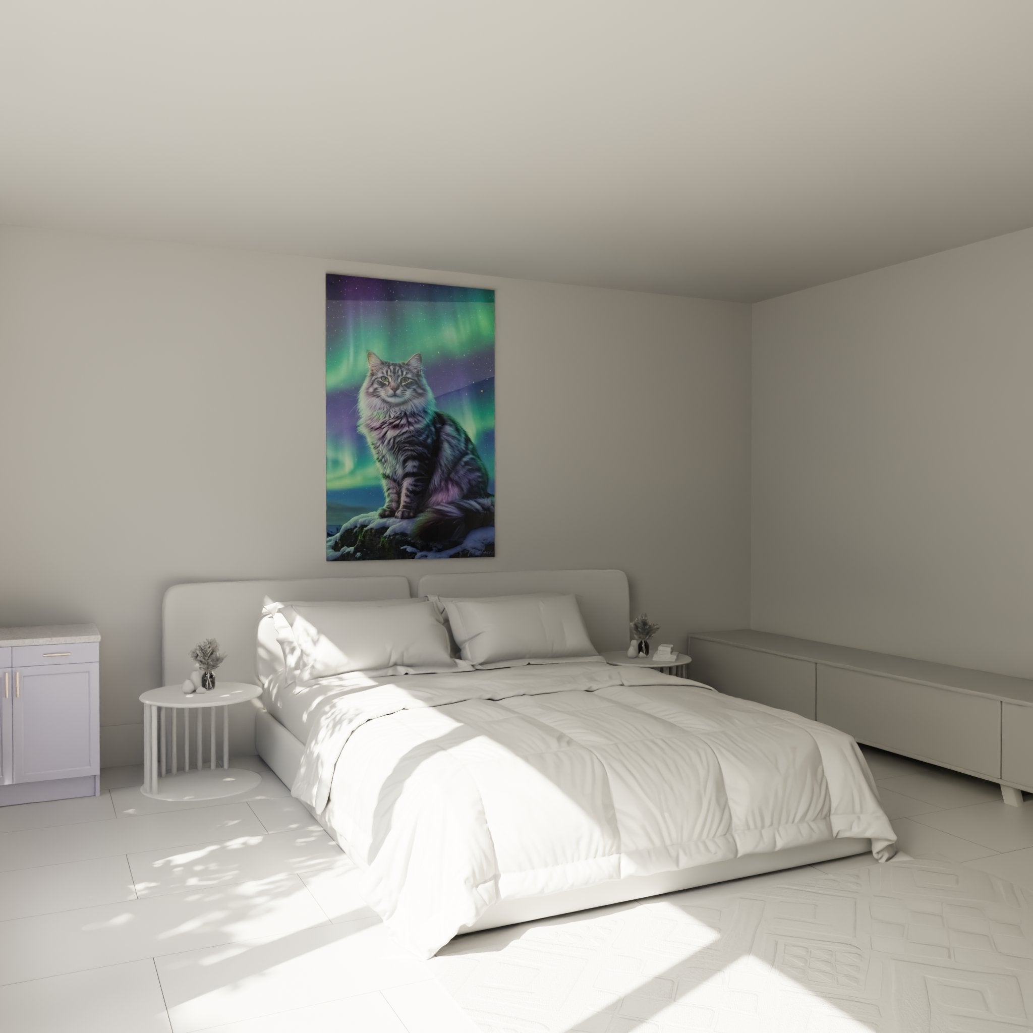 Bedroom decoration Norwegian Forest Cat painting Northern Lights mystical Nordic ambiance feline wall art