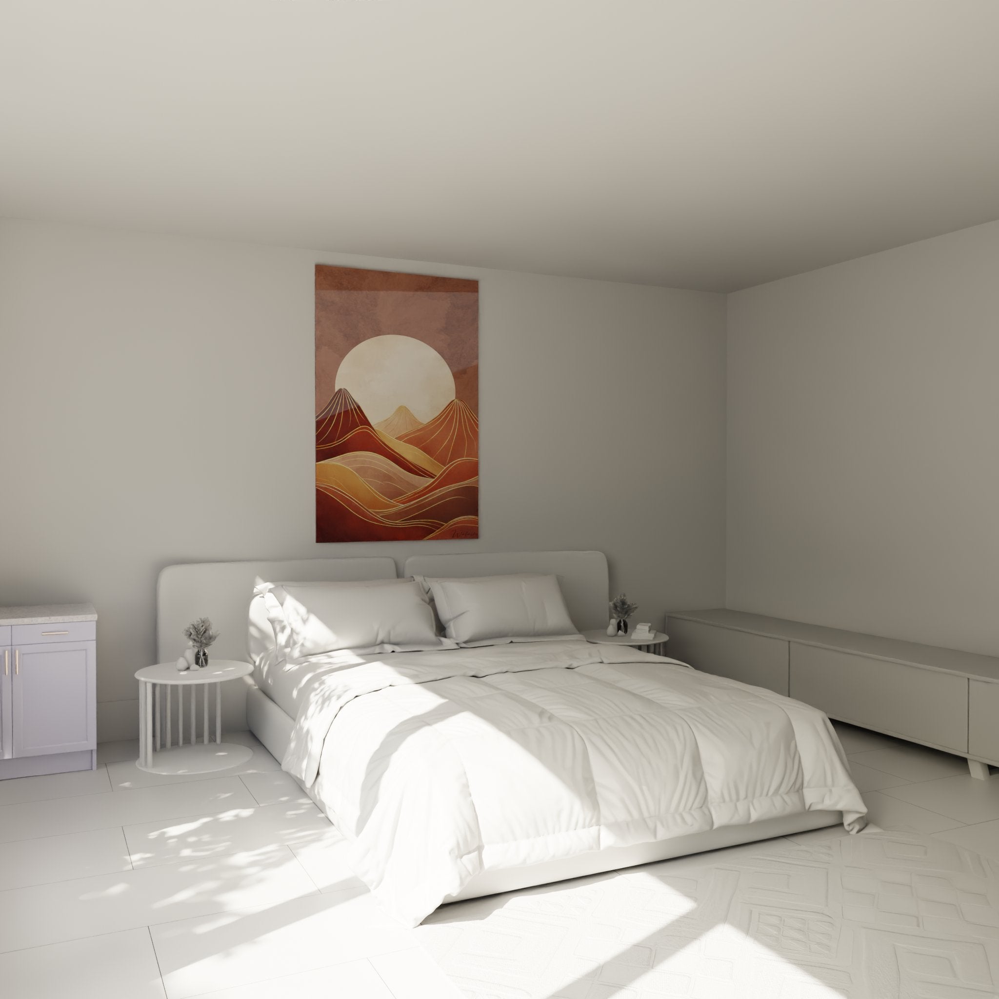 Bergtafel Art-Deco-Kunst im modernen Schlafzimmer mit warmen Tönen, Ockergelb und Goldnuancen, gemütliche Atmosphäre, stilisierte Wanddekoration
