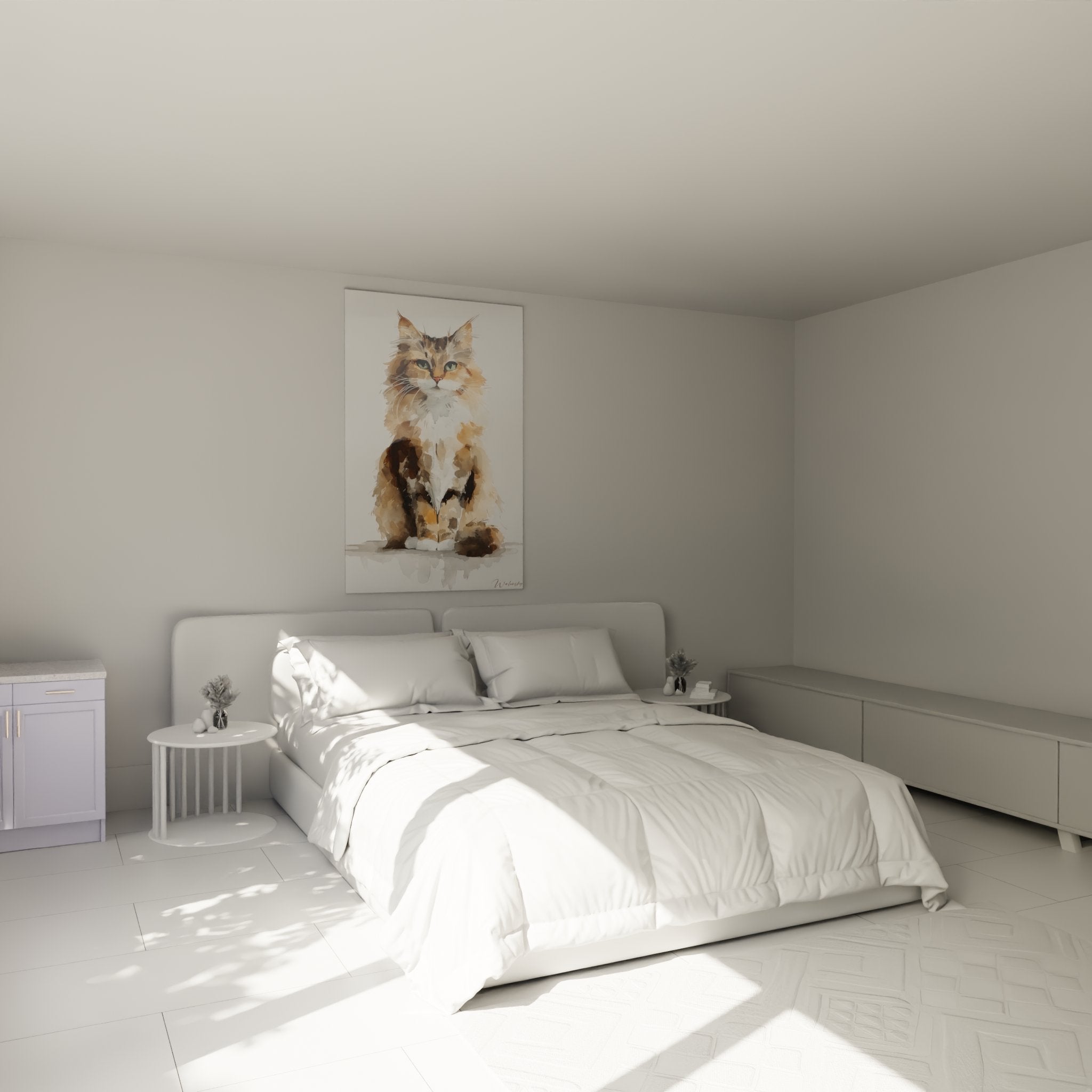 Wall decoration bedroom with Siberian cat watercolor painting, cosy and soothing atmosphere