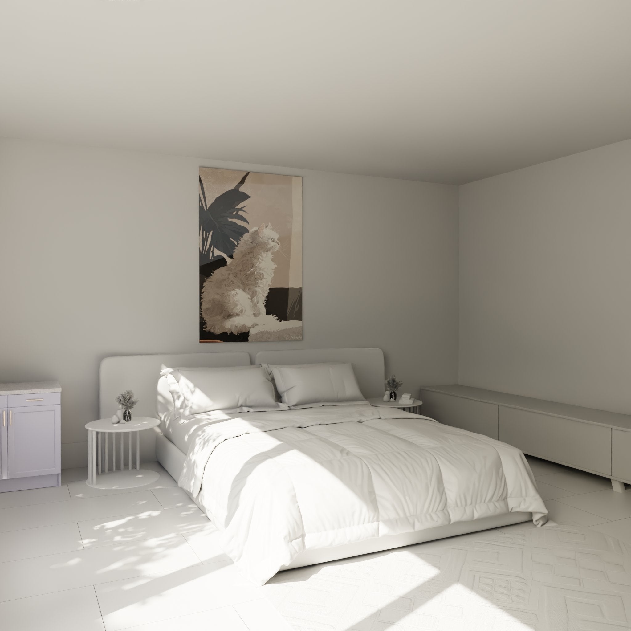 Tableau chat Selkirk Rex blanc tropical accroche murale chambre decoration moderne apaisante