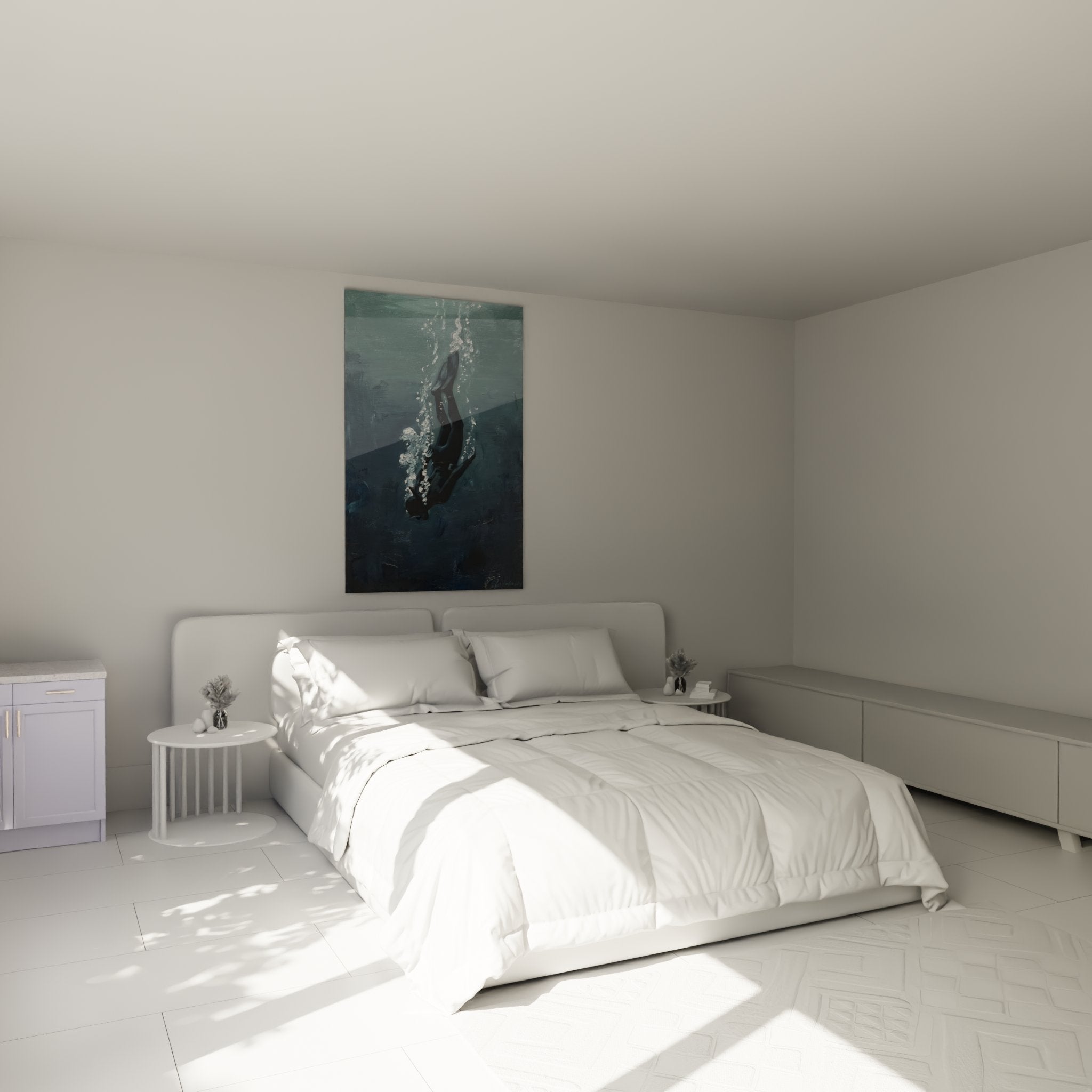 Freediver-Gemälde, das ein modernes Schlafzimmer mit weißen Wänden und maritimer Atmosphäre dekoriert