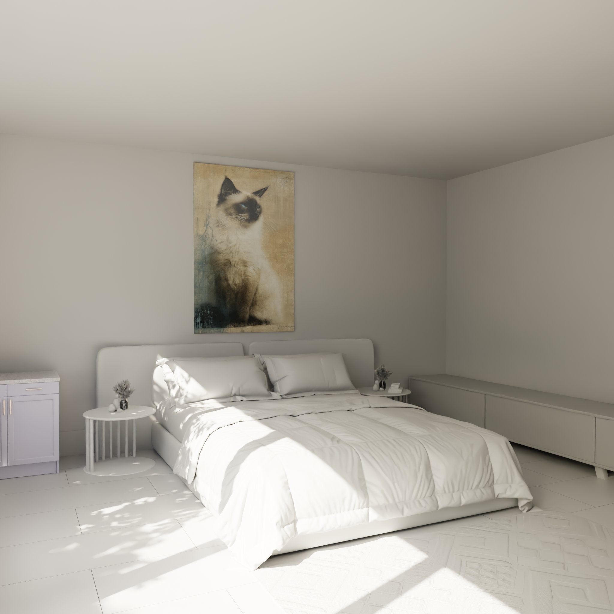 Quadro gatto birmano che decora una camera moderna, ritratto felino con occhi blu su parete