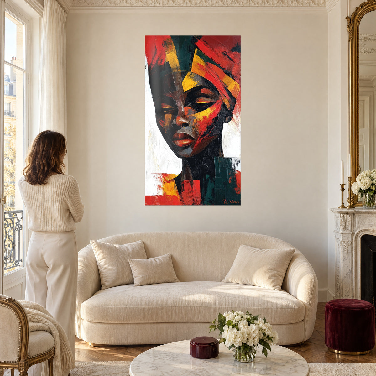 Gemälde Porträt einer afrikanischen Frau mit geschlossenen Augenlidern, roter und gelber Turban, weißer Hintergrund, über einem Sofa in einem hellen Wohnzimmer