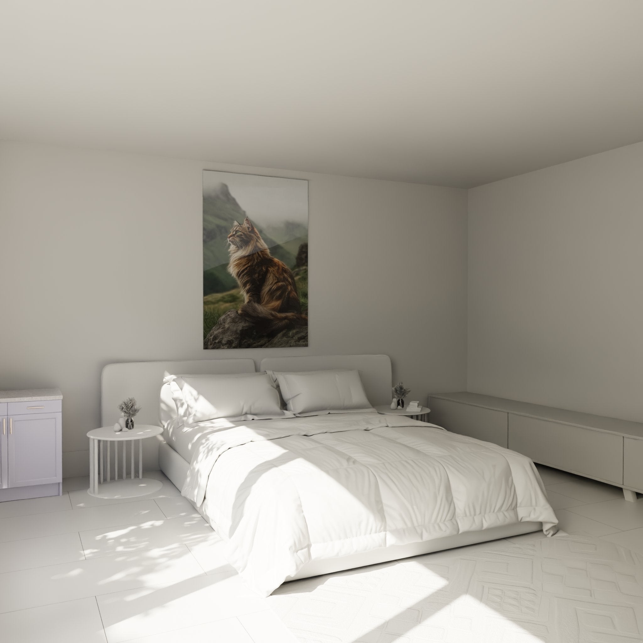 Decoration murale chat American Bobtail montagne dans une chambre moderne avec ambiance naturelle apaisante
