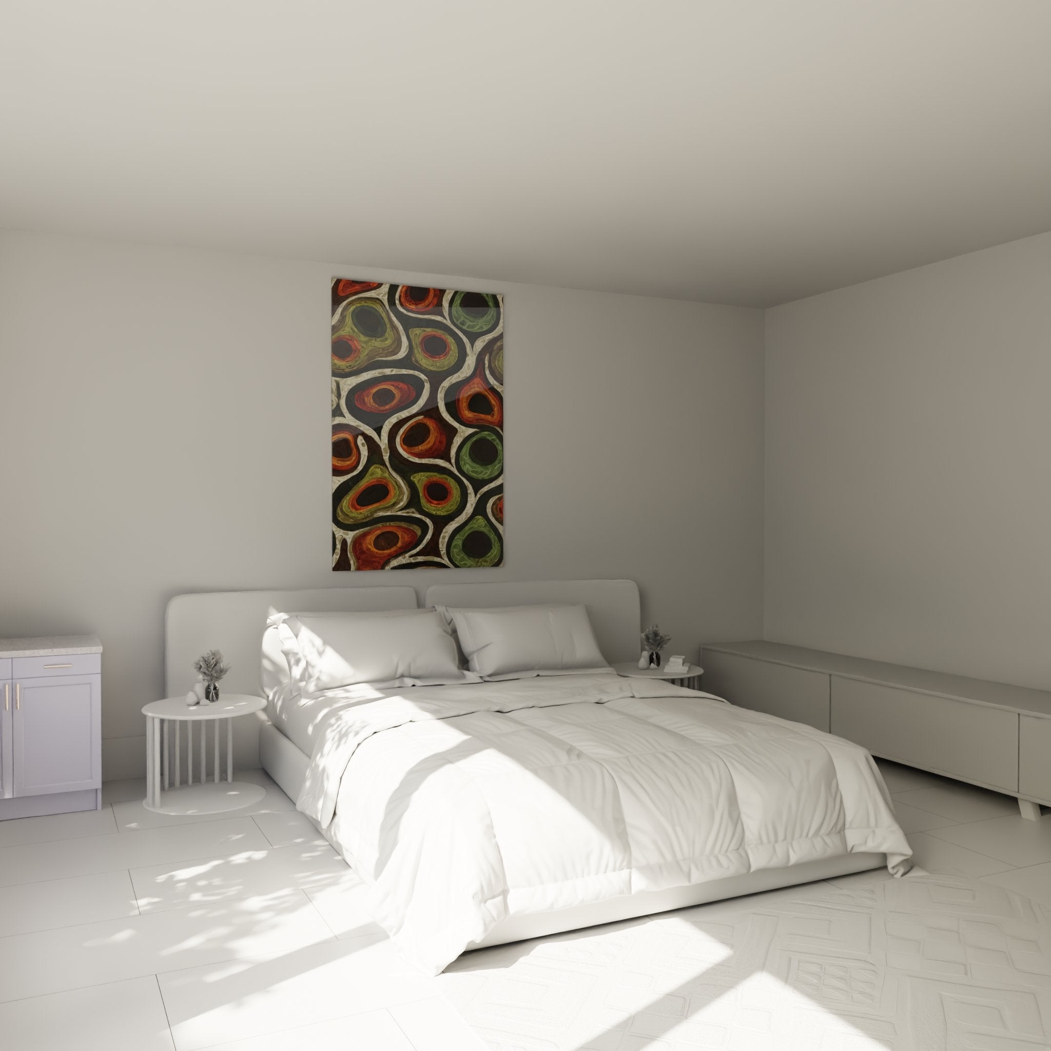 Decoration chambre avec tableau africain abstrait aux motifs organiques spirales sur mur blanc