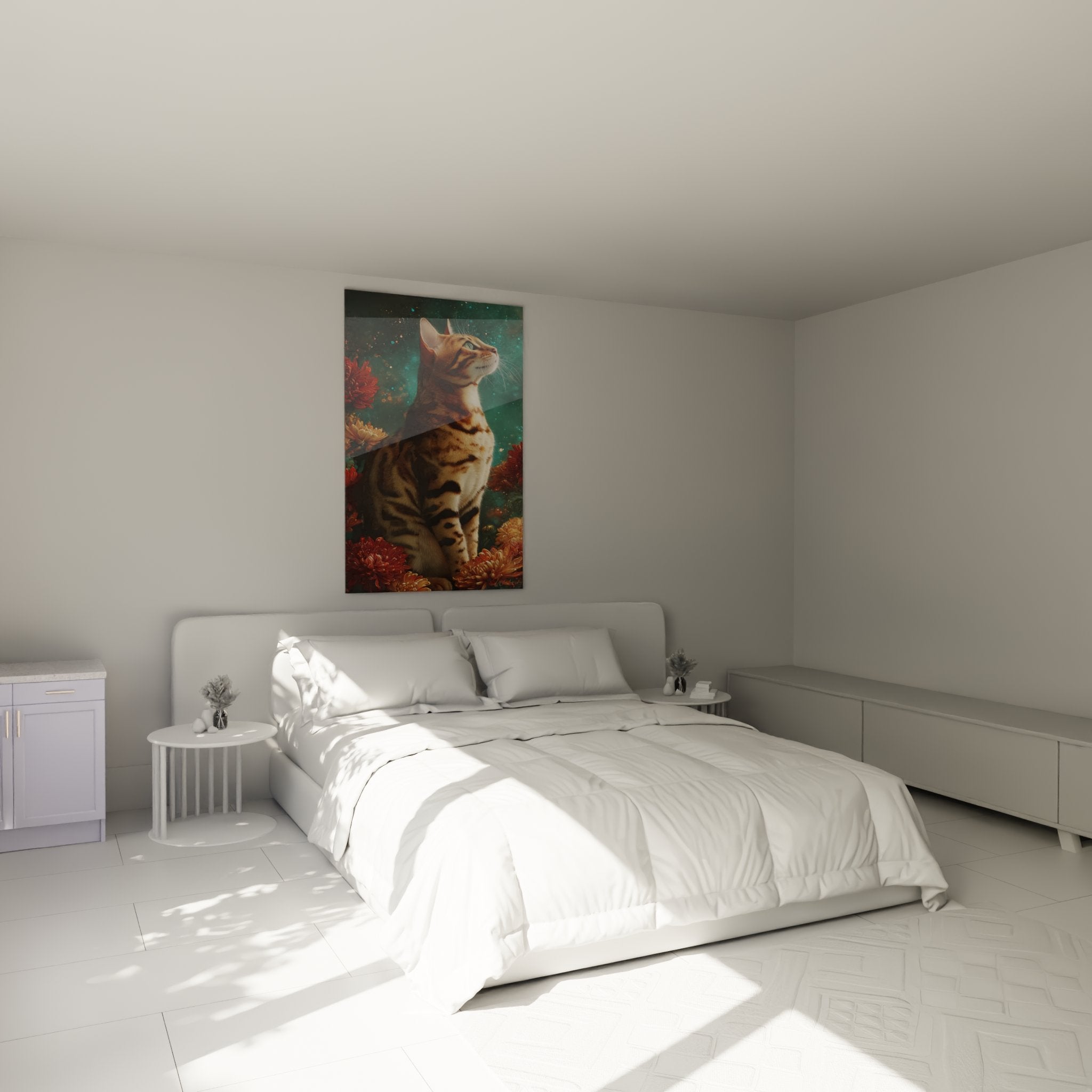 Bedroom decoration with mystical Bengal cat artwork with golden stripes among colorful flowers