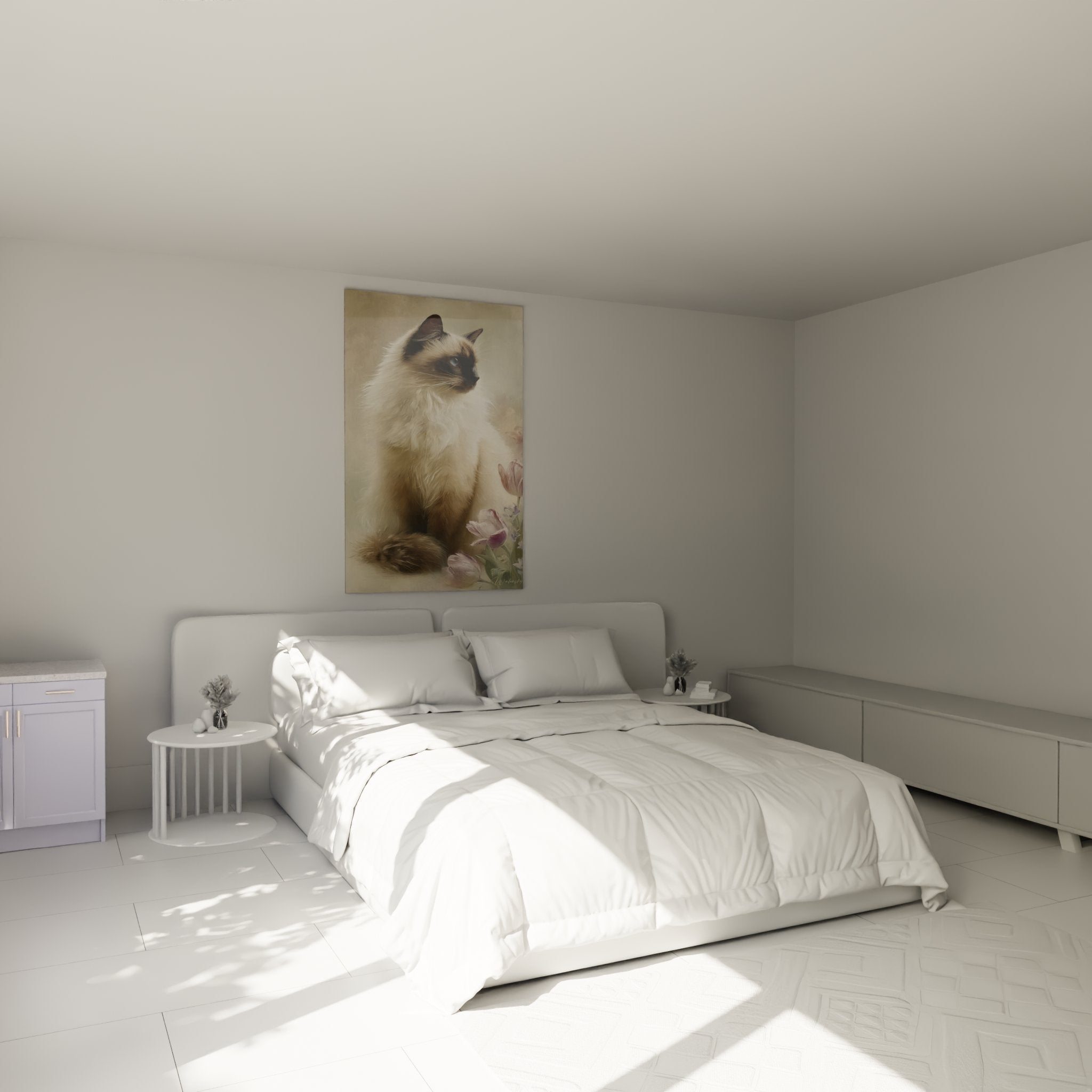 Birman cat painting with pink tulips in modern bedroom, refined and soothing wall decoration