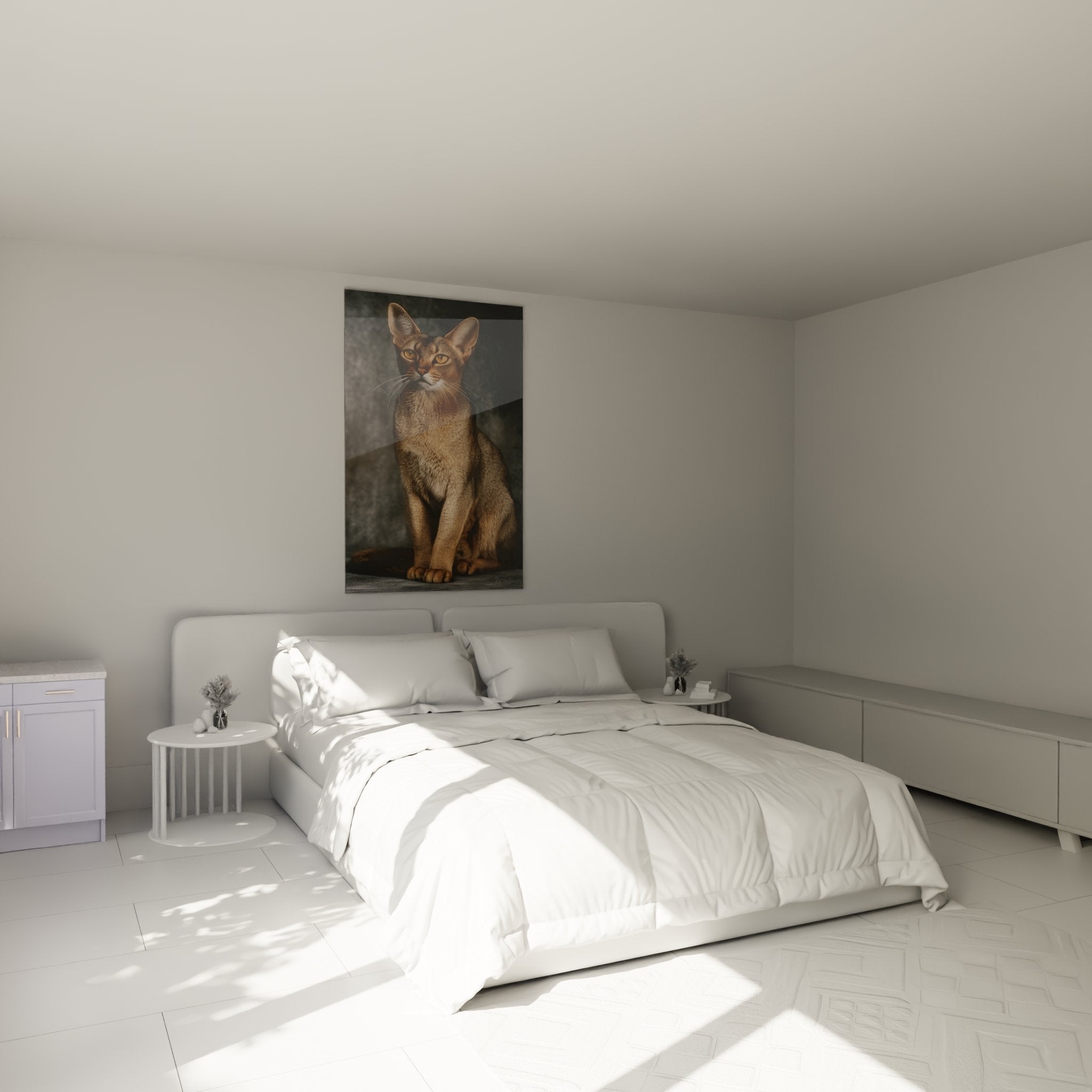 Tableau chat Chausie portrait dore dans chambre moderne, art mural felin decoration interieure