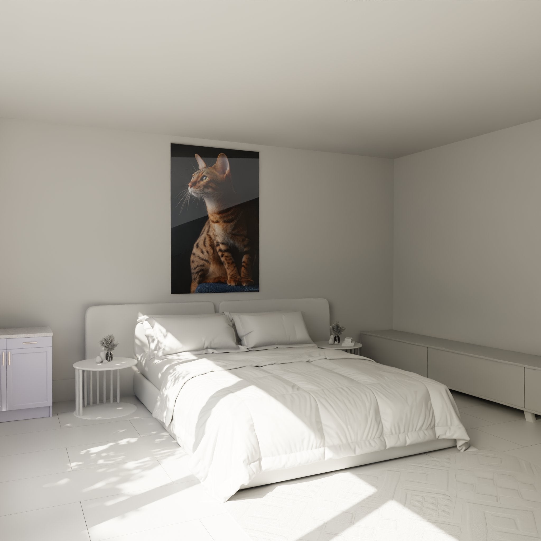 Toyger cat wall art in modern bedroom elegant mural decoration feline portrait tiger stripes