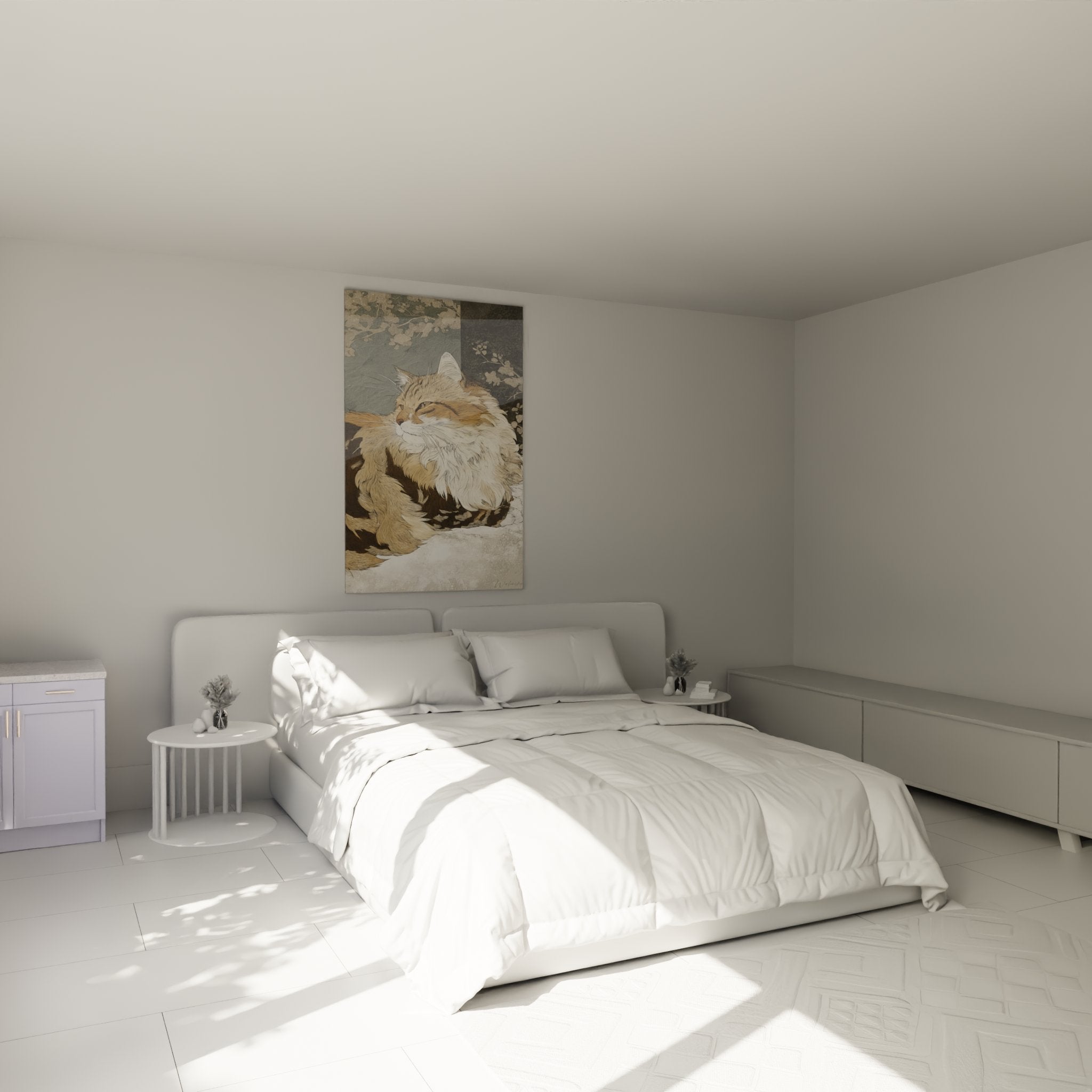 Wall decoration bedroom with Siberian cat painting Japanese-inspired style in soothing beige and white tones