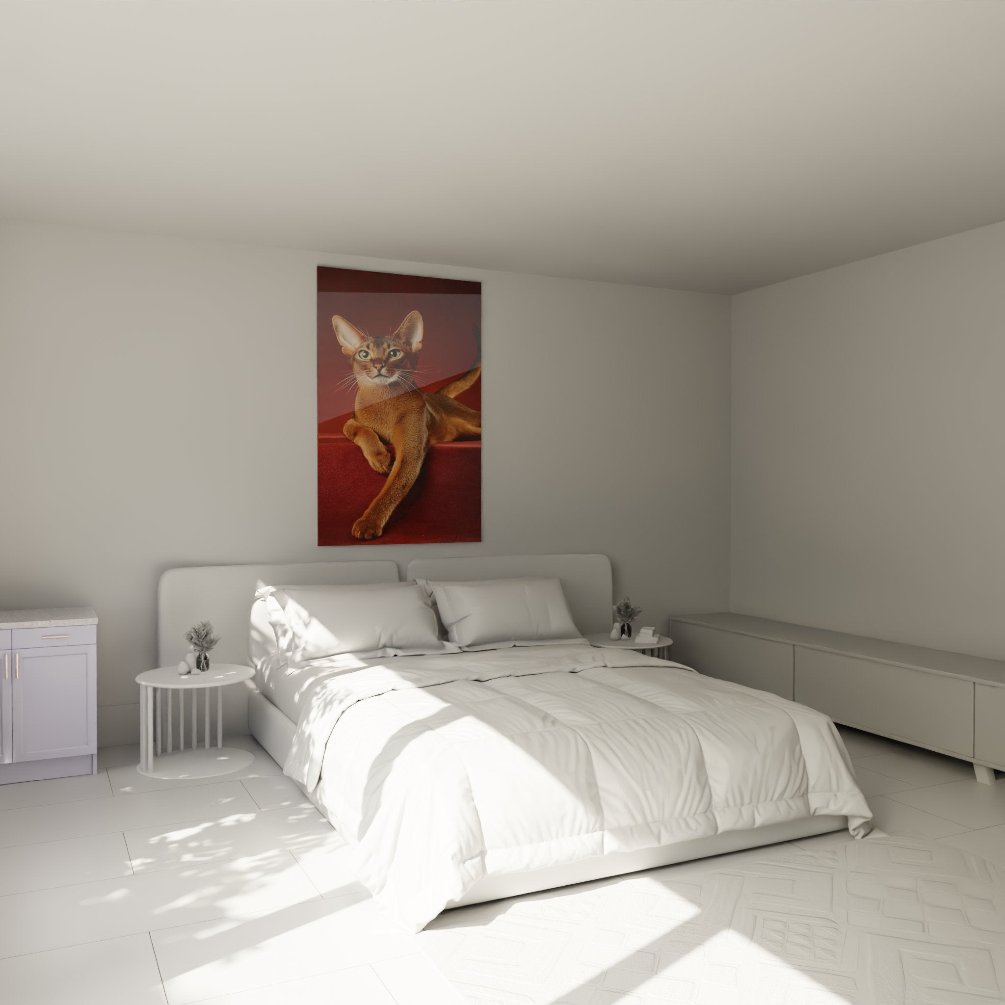 Abyssinian cat staircase red painting in modern bedroom, elegant feline wall decor