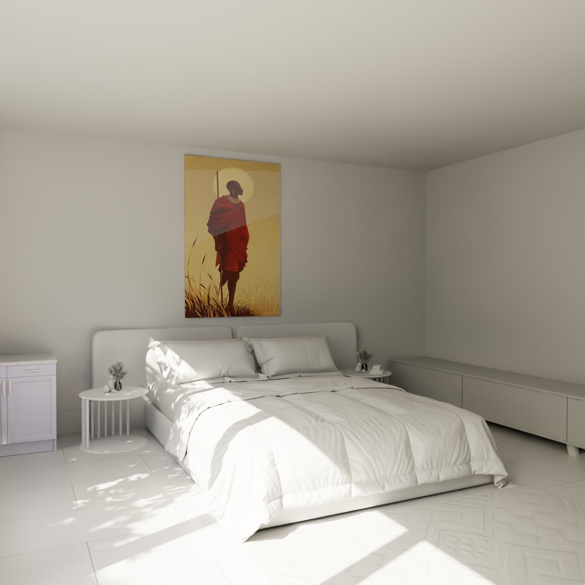 Wall decoration bedroom with Masai warrior painting savanna warm atmosphere African ethnic art