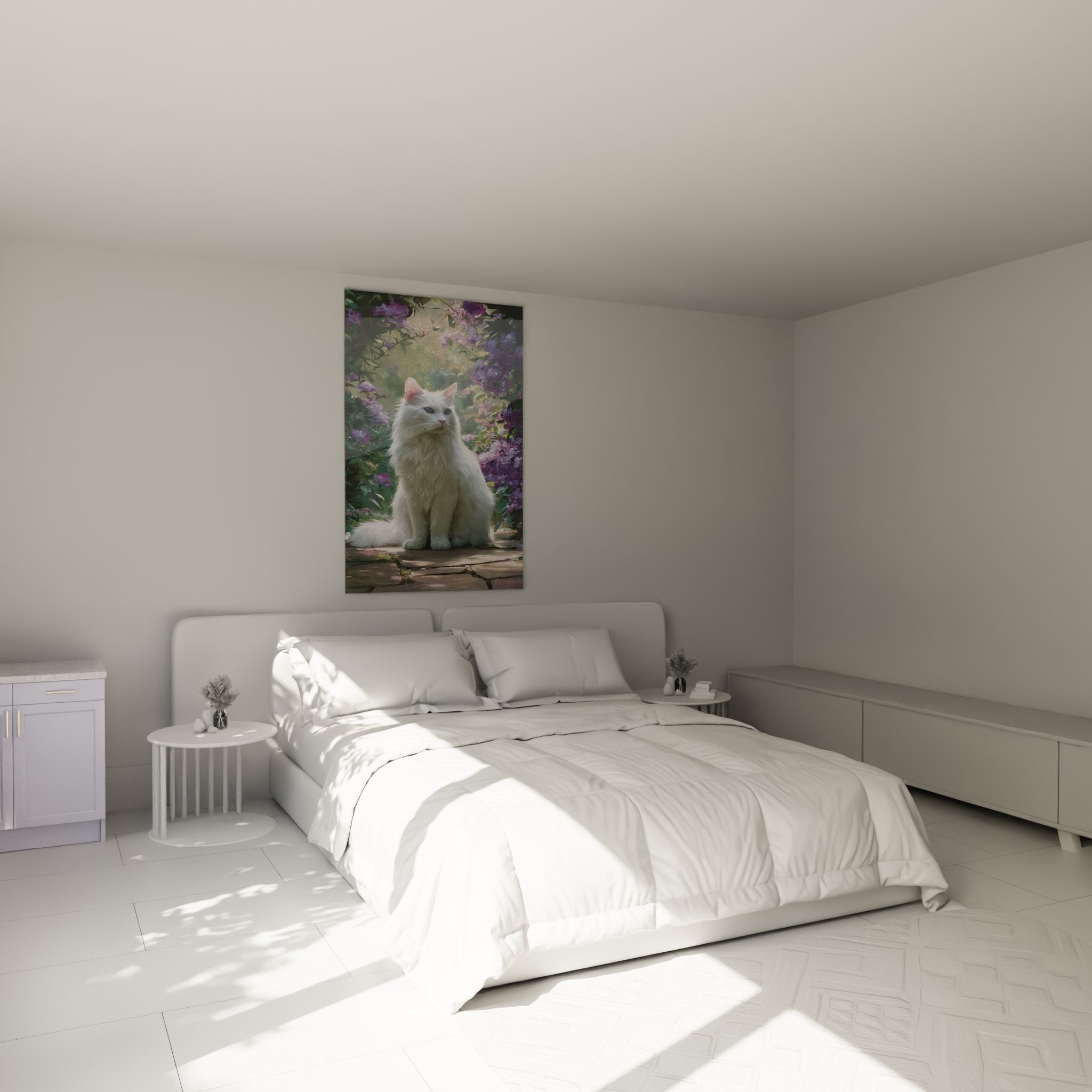 Wall decoration bedroom with white Birman cat painting blooming lilac garden romantic ambiance