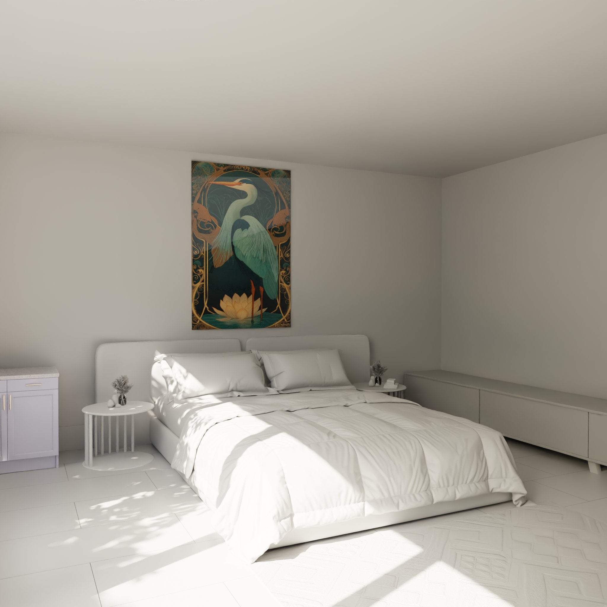 Reiher-Gemälde Art-Nouveau an moderner Schlafzimmerwand aufgehängt elegante Wanddekoration in Blau- und Goldtönen