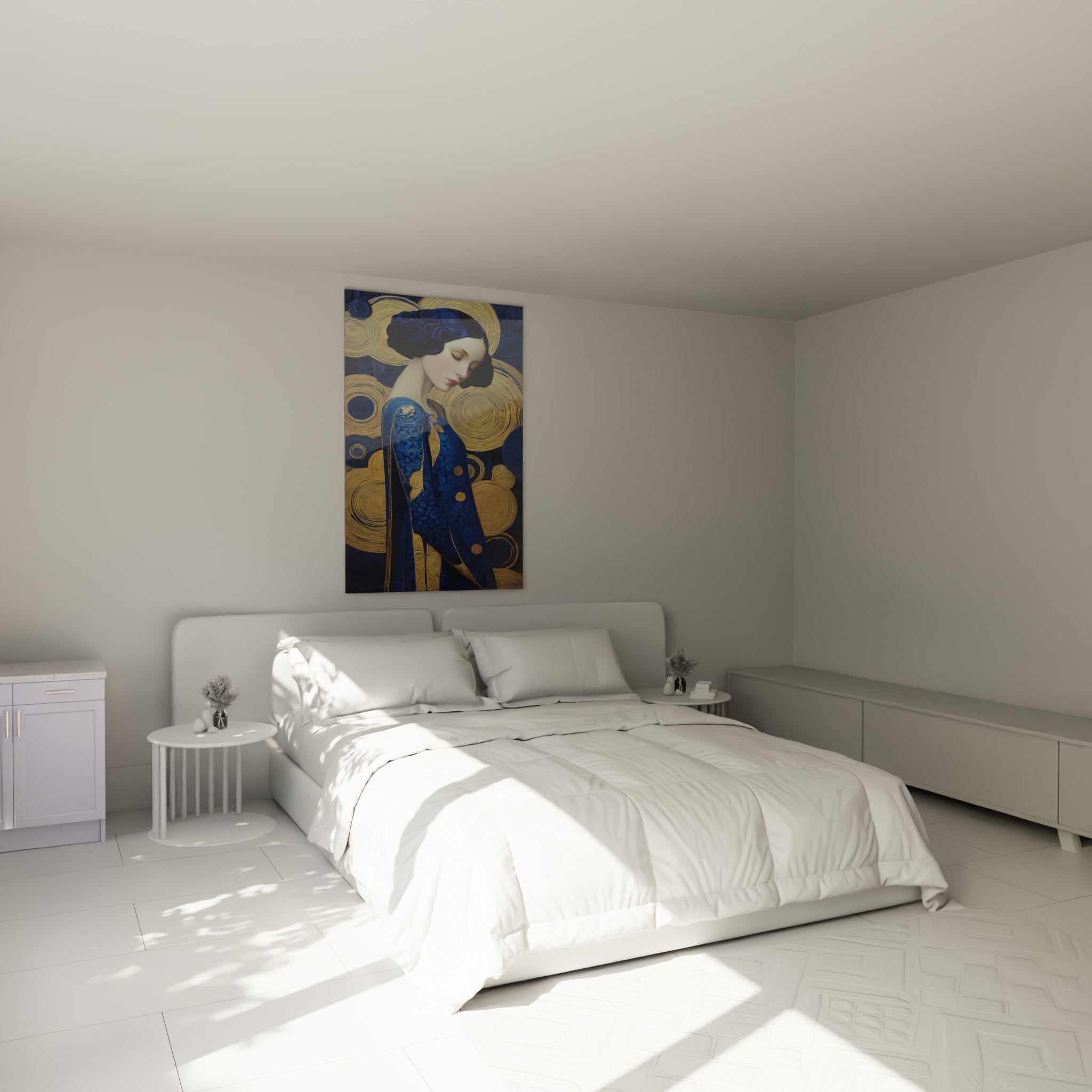 Decorazione murale camera da letto con quadro geisha art déco nei toni blu e oro eleganti