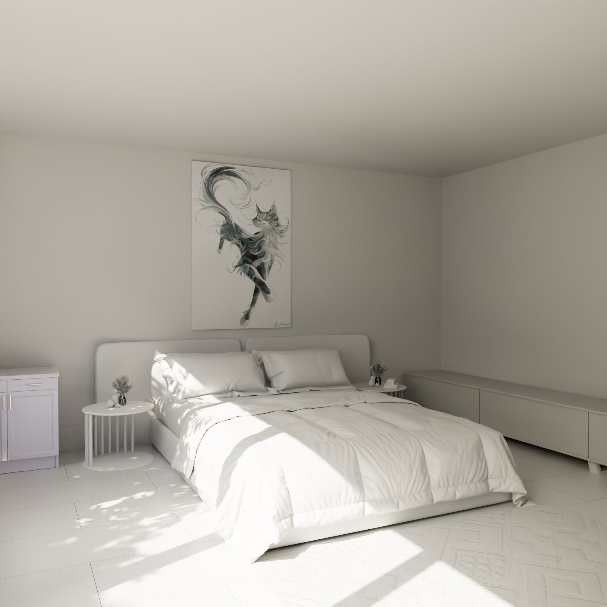 Quadro gatto Maine Coon danzante che decora elegantemente una camera moderna con le sue sfumature di grigio