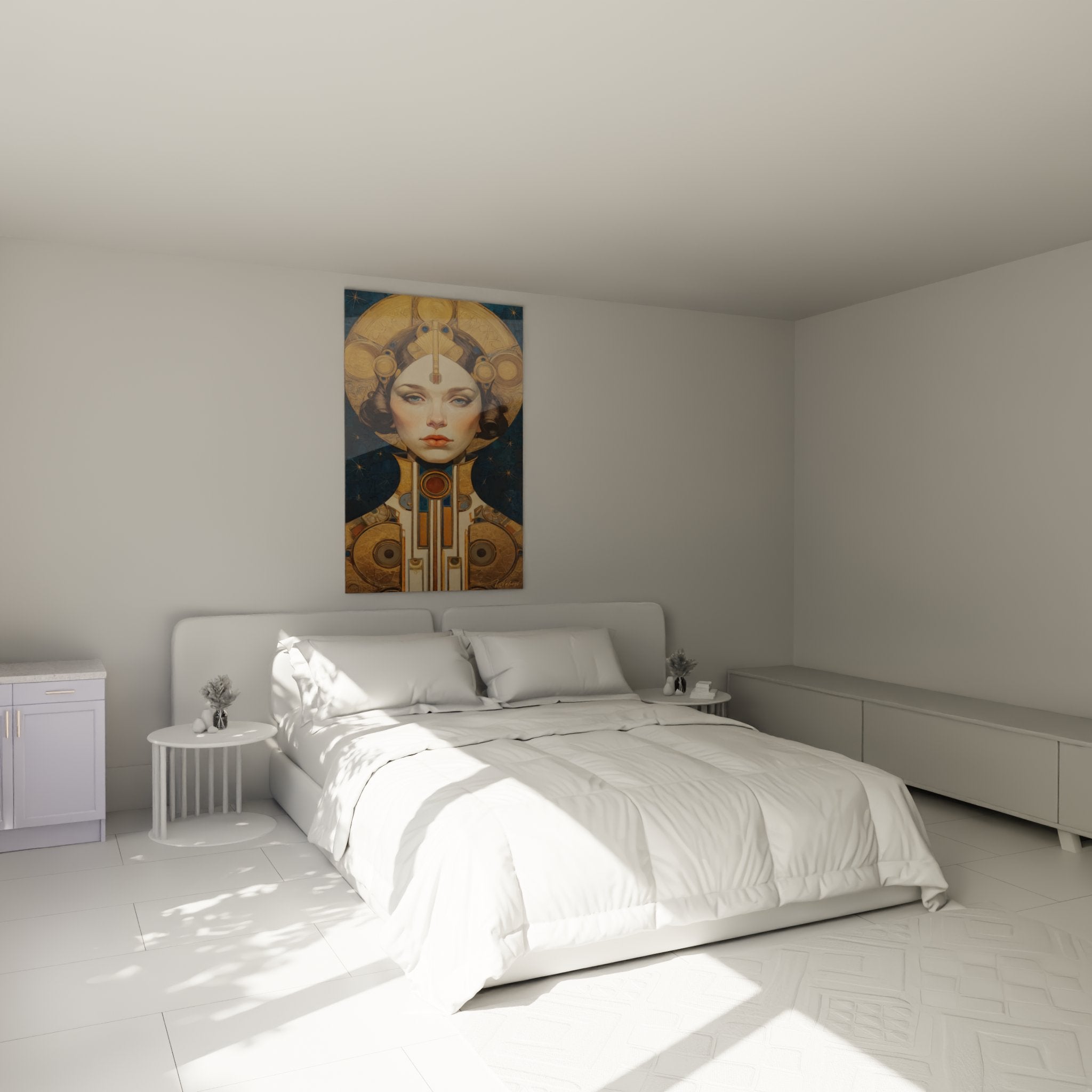 Art deco wall decoration with golden woman portrait in modern and elegant bedroom