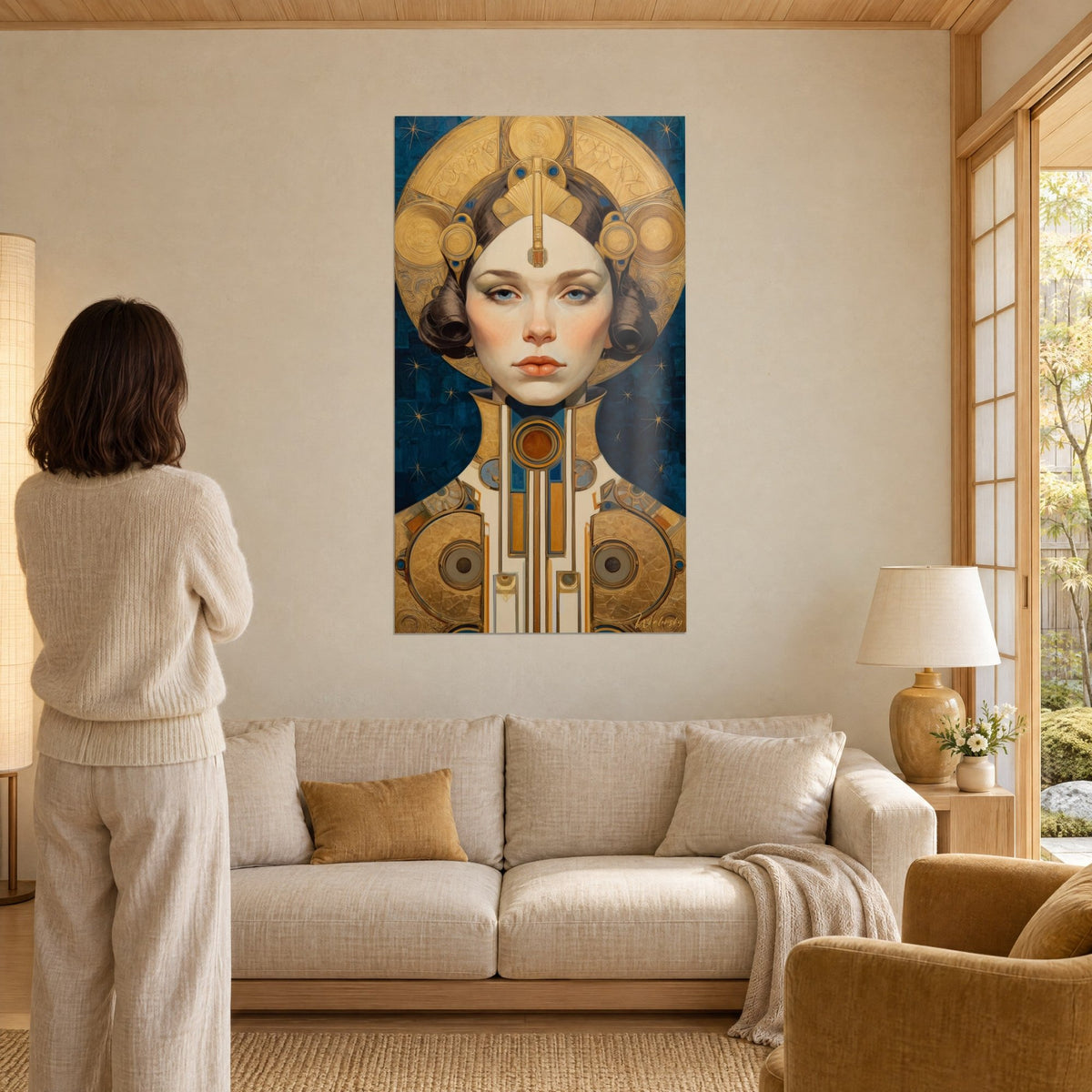 Gemälde einer Art-déco-Göttin mit ziseliertem goldenem Heiligenschein, blasses Gesicht und korallenrote Lippen auf nachtblauem Grund, über einem Sofa in einem hellen Wohnzimmer