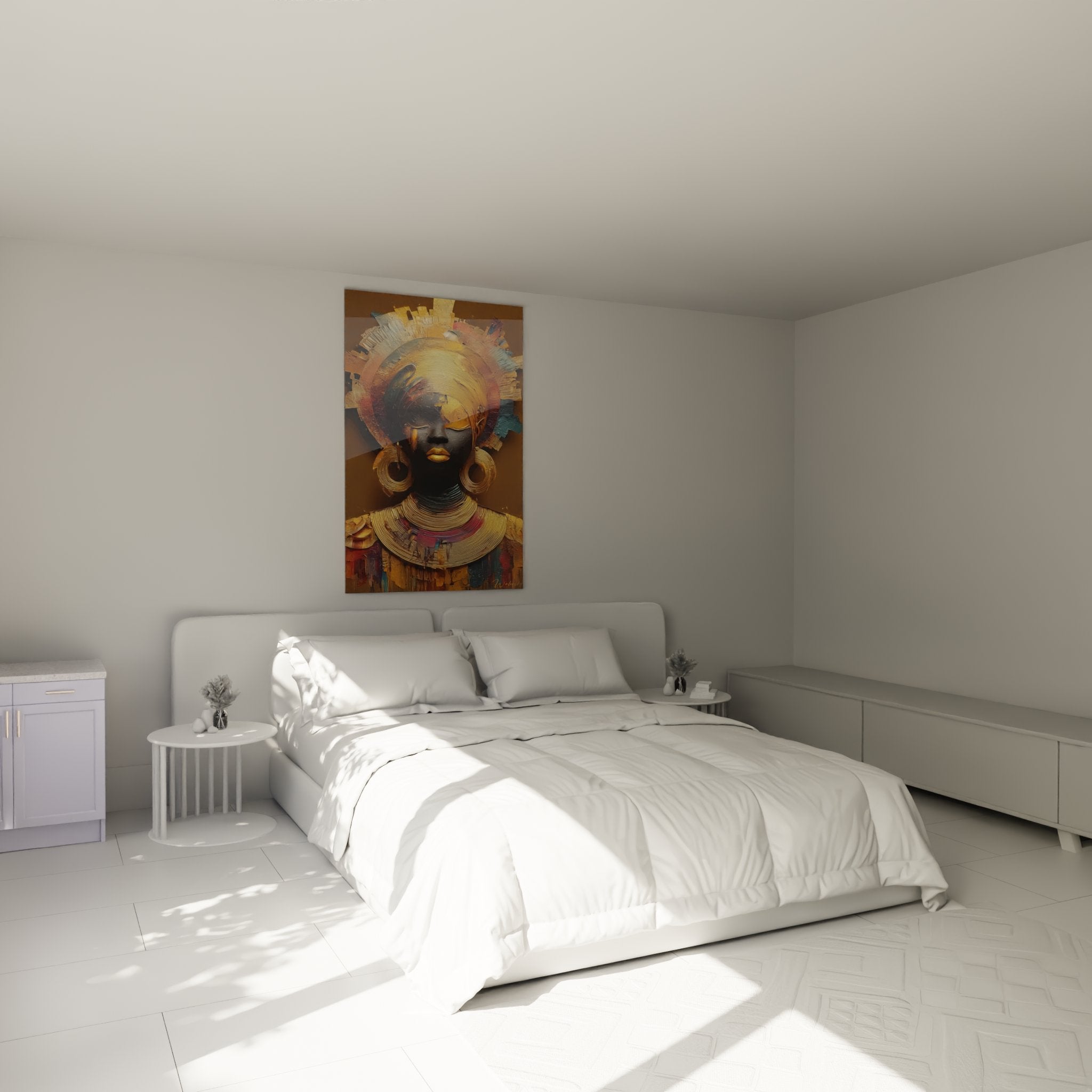 Quadro camera da letto donna africana dorata arte murale moderna atmosfera calda toni ocra bronzo