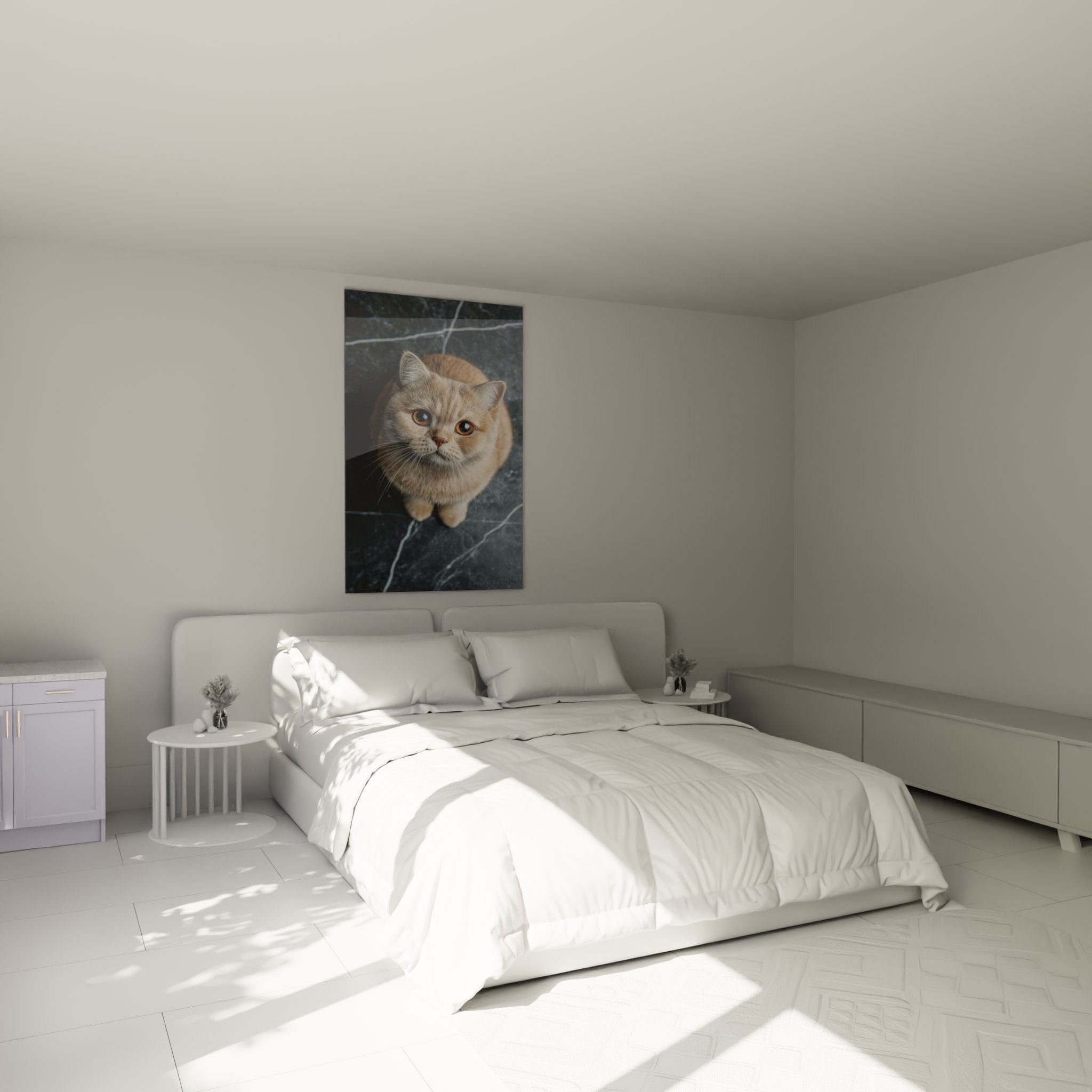 Quadro gatto British Shorthair crema in camera moderna, decorazione murale elegante sopra il letto