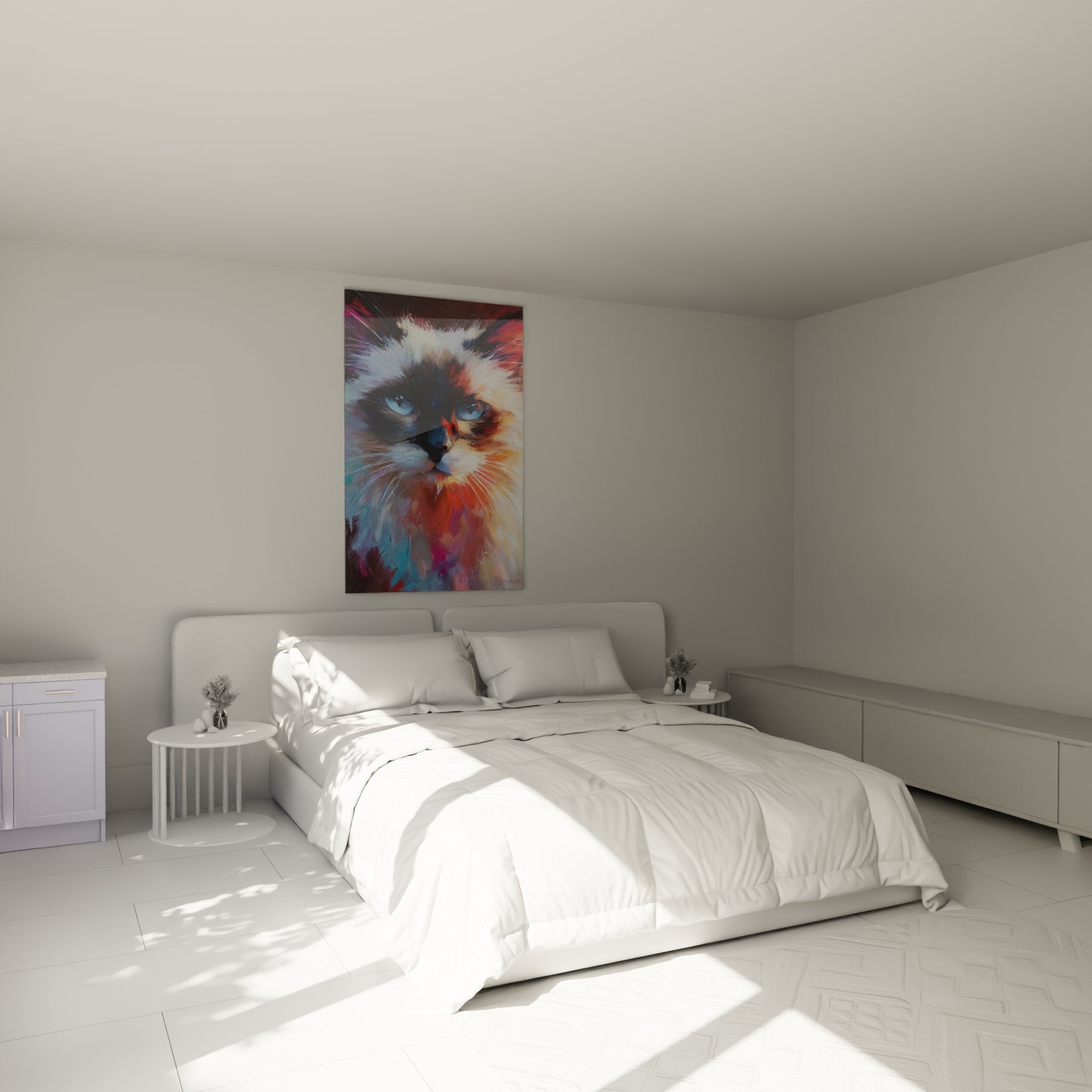 Wall decoration bedroom with colorful Birman cat painting with piercing blue eyes contemporary artistic style