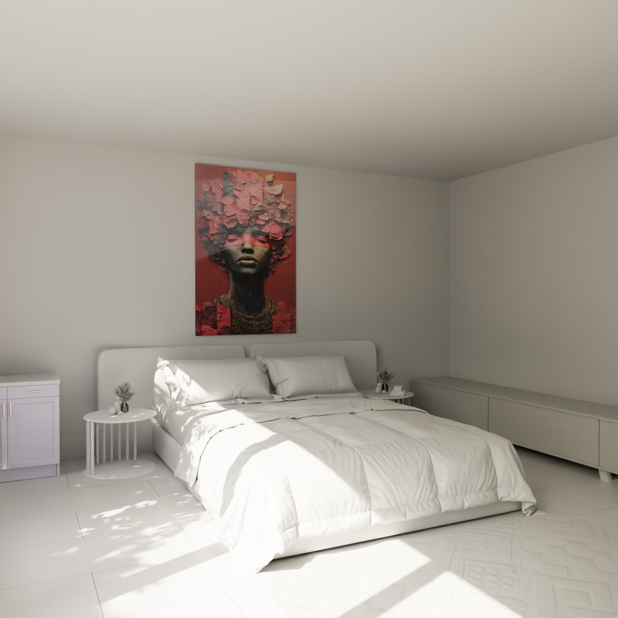 Decorazione camera da letto con quadro donna africana petali rosa, atmosfera calda e moderna