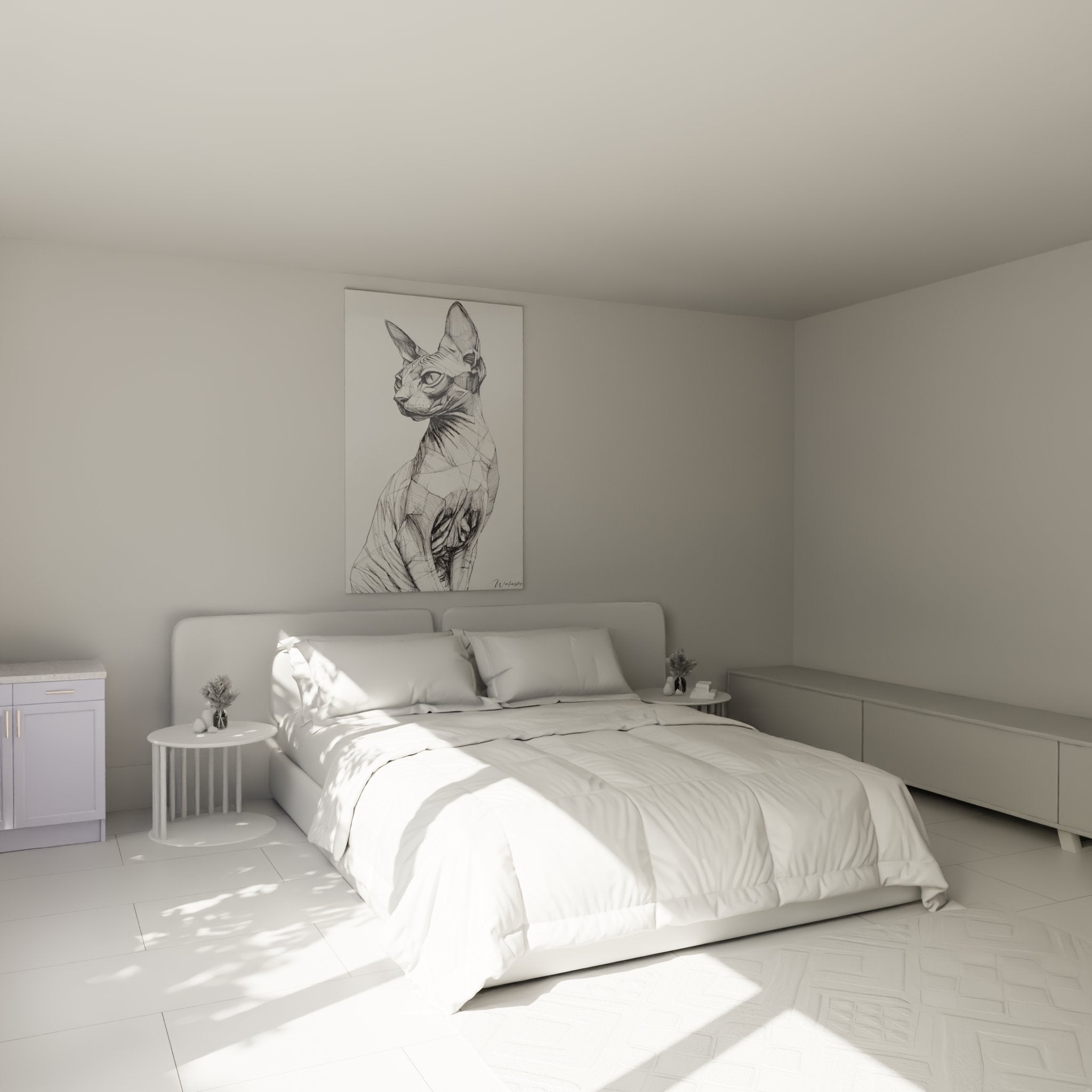 Décoration chambre avec tableau chat Sphynx esquisse noir et blanc au-dessus du lit, ambiance moderne