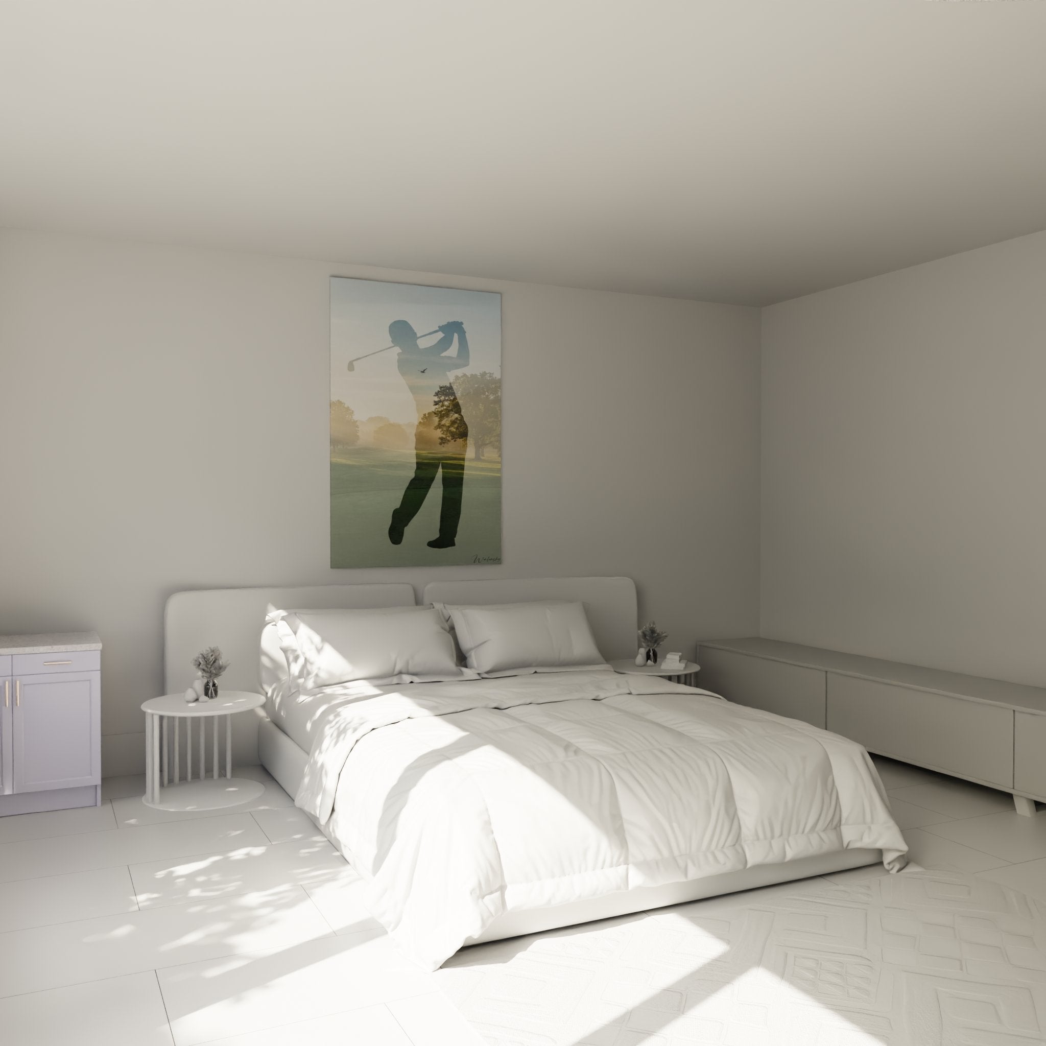 Décoration murale golf dans chambre avec tableau silhouette golfeur swing parfait sur parcours