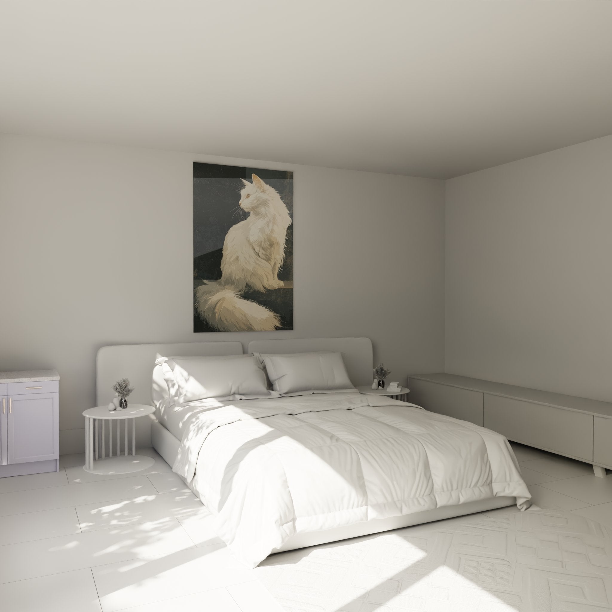 Decorazione murale gatto Turkish Angora bianco in una camera moderna con atmosfera accogliente e raffinata