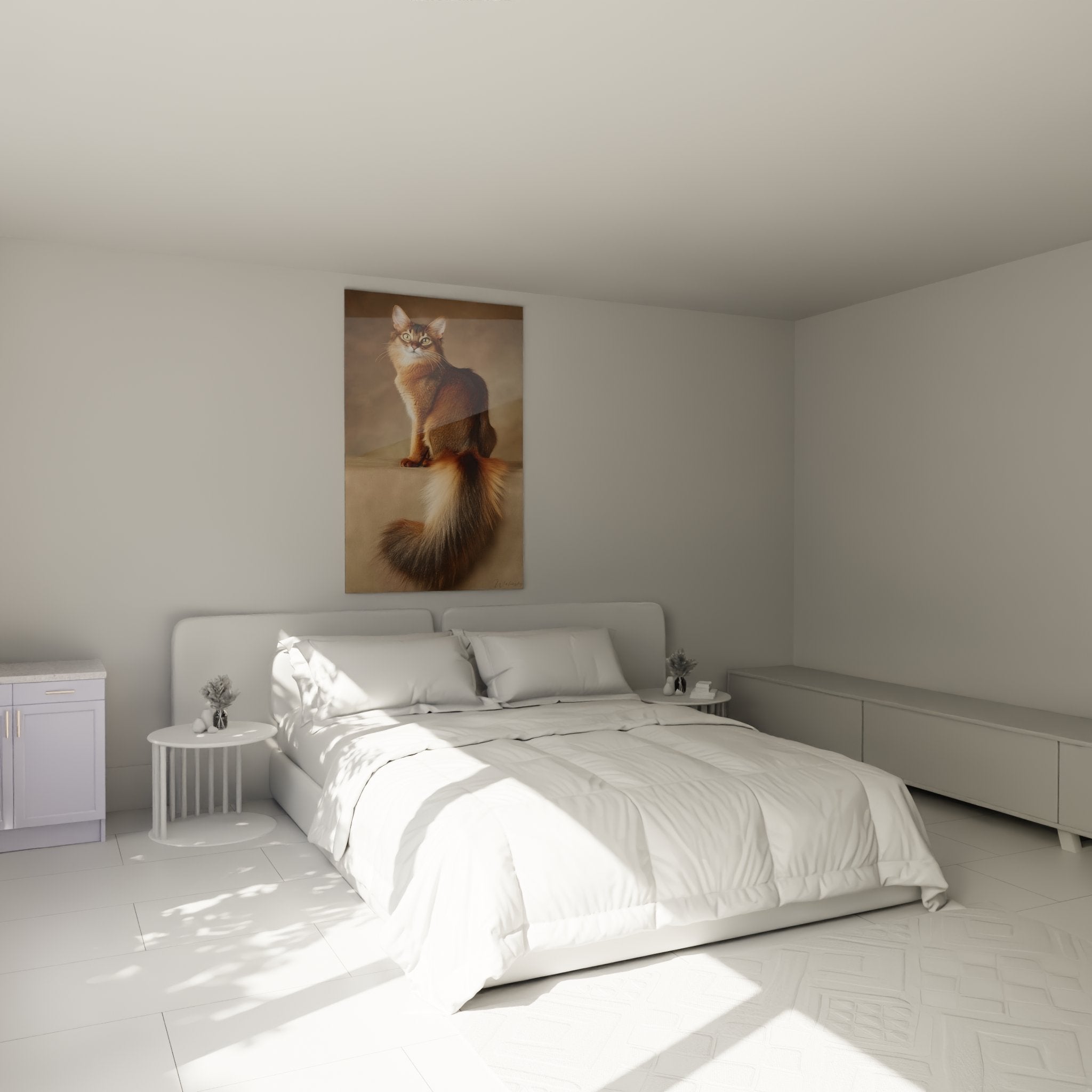 Bedroom decoration with elegant Somali cat artwork in warm copper and rust tones