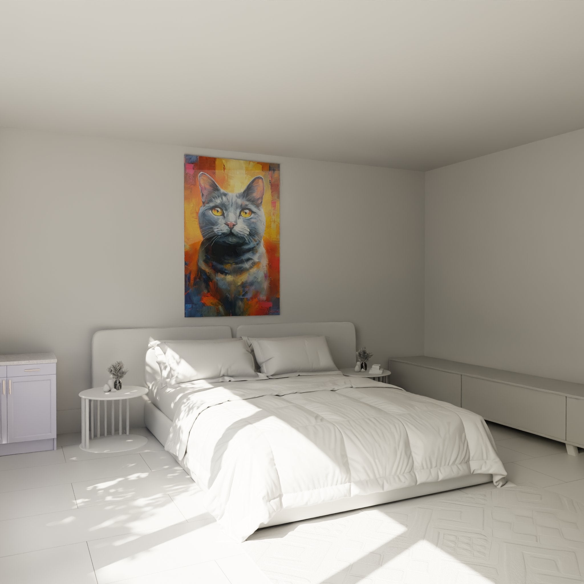 Décoration chambre avec tableau chat American Shorthair gris, portrait artistique aux yeux dorés, ambiance cosy