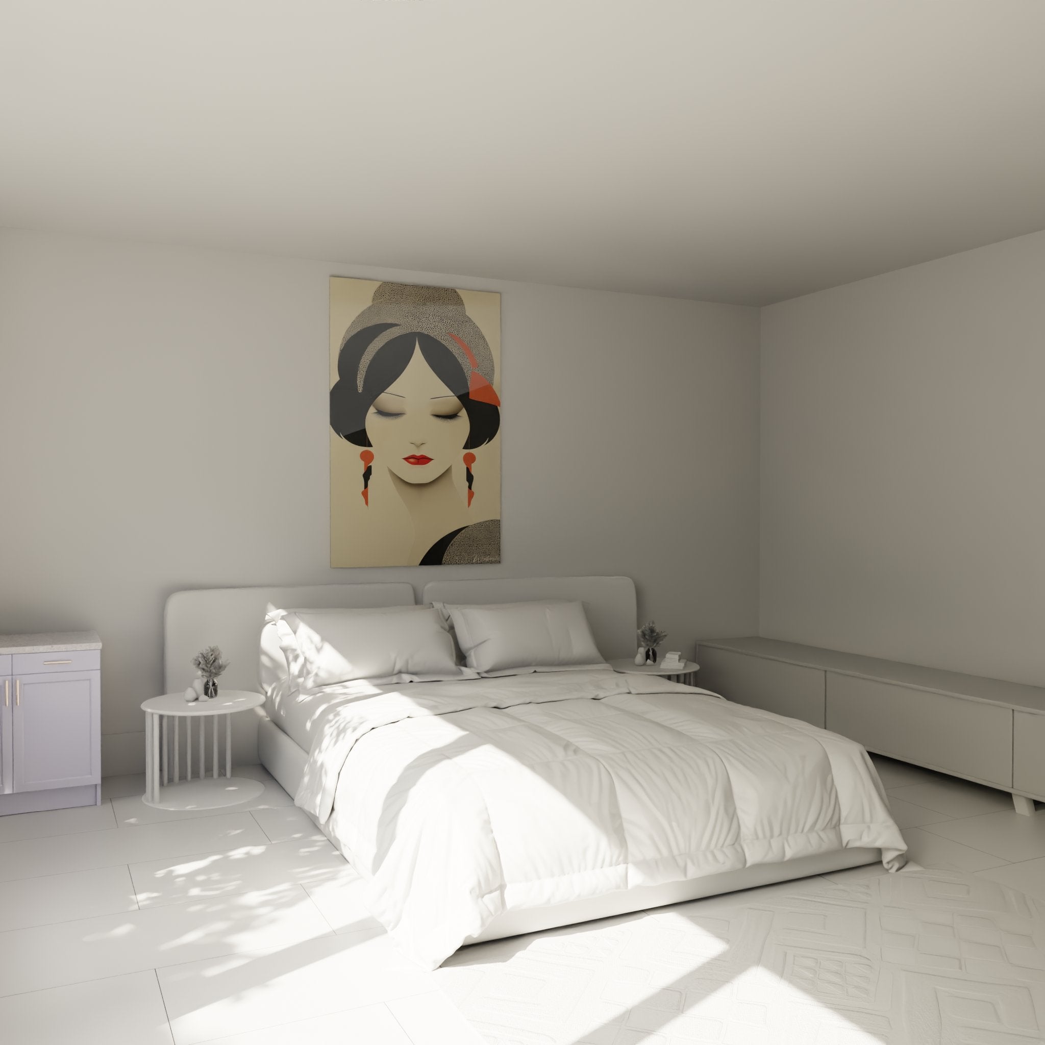 Bedroom wall art deco style portrait stylized woman beige orange red colors elegant vintage atmosphere