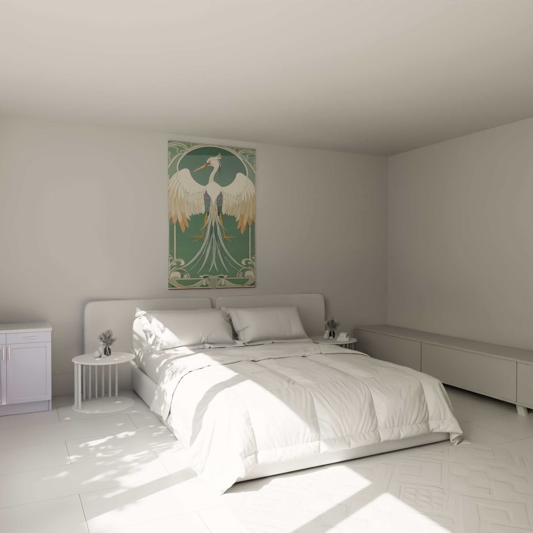 Déco chambre tableau héron art déco ailes ouvertes fond vert ornements floraux ambiance raffinée vintage