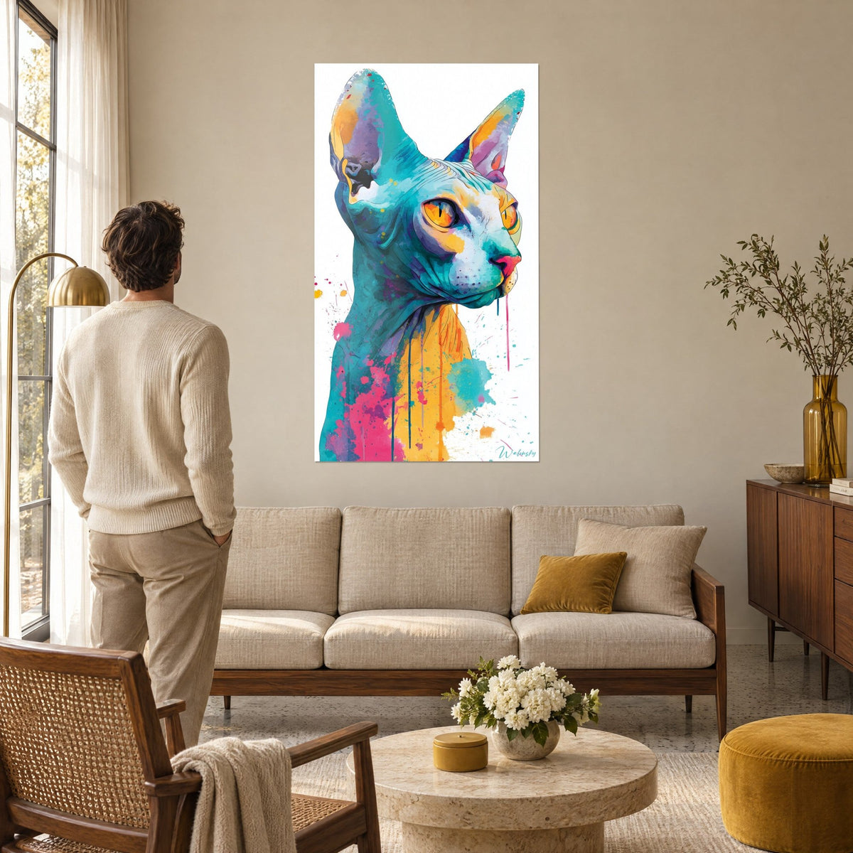 Tableau chat Sphynx aux oreilles pointues turquoise et jaune, yeux orange, coulures roses, au-dessus d'un canapé dans un salon lumineux