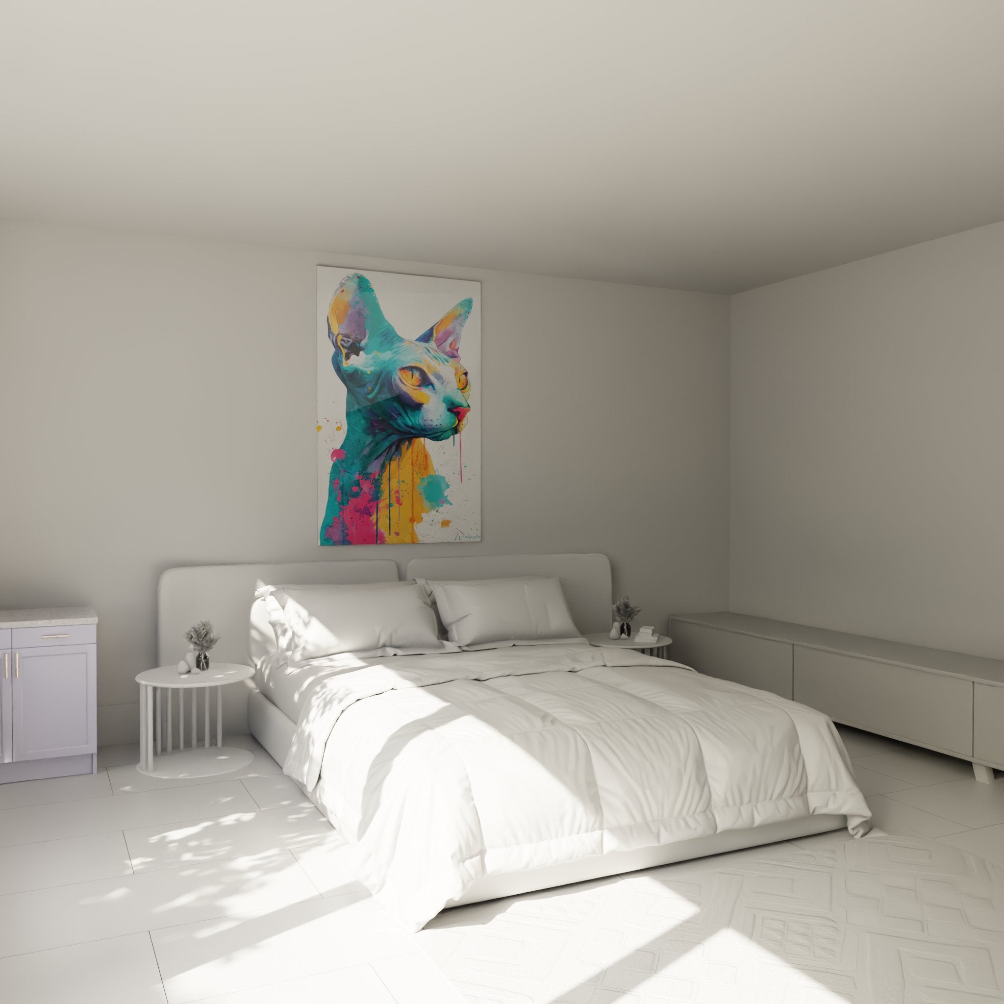 Sphynx-Katzen-Kunstdruck in Farbe im modernen Schlafzimmer, zeitgenössische Wanddekoration Aquarell türkis