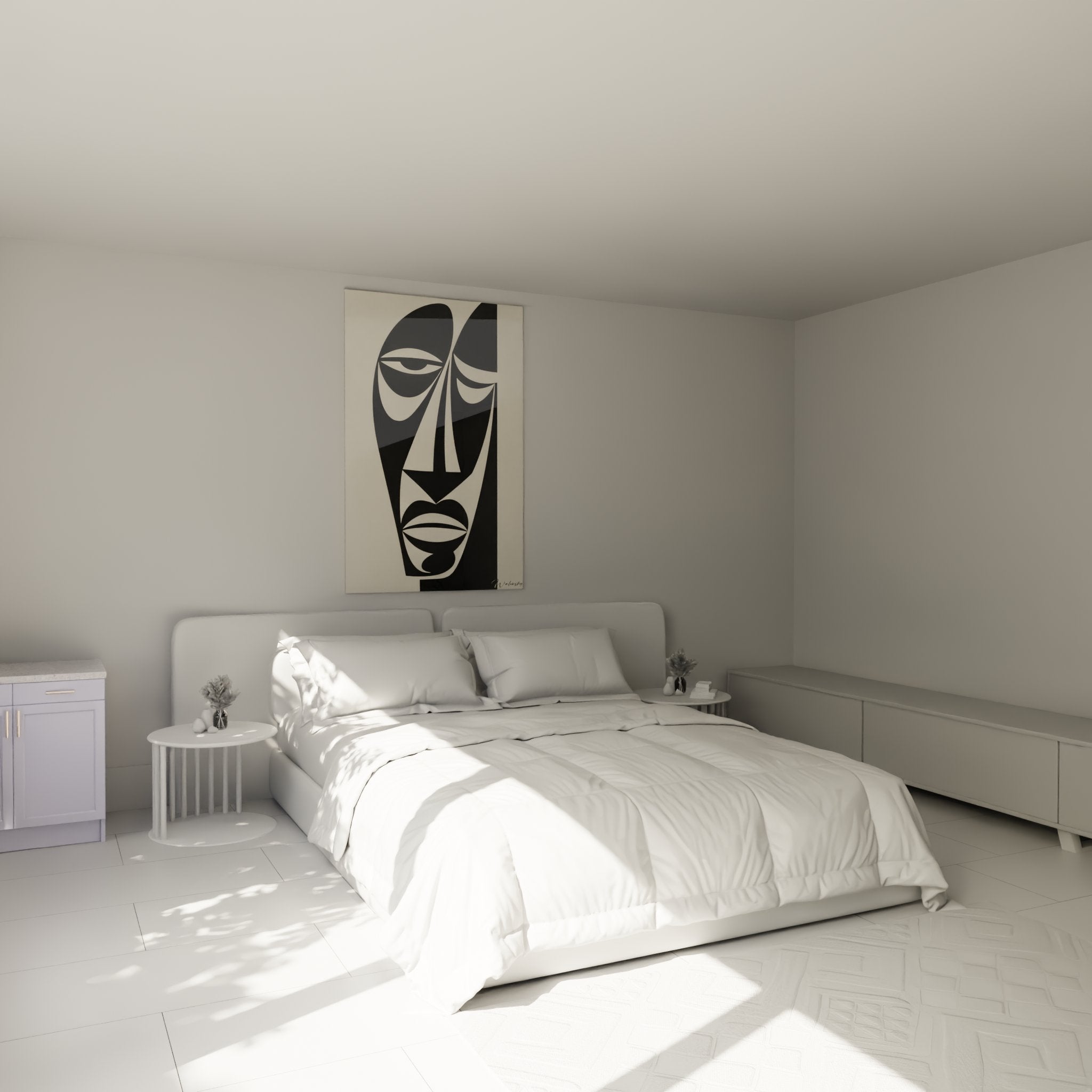 African tribal art wall decor with geometric black and white mask painting for bedroom interior design
