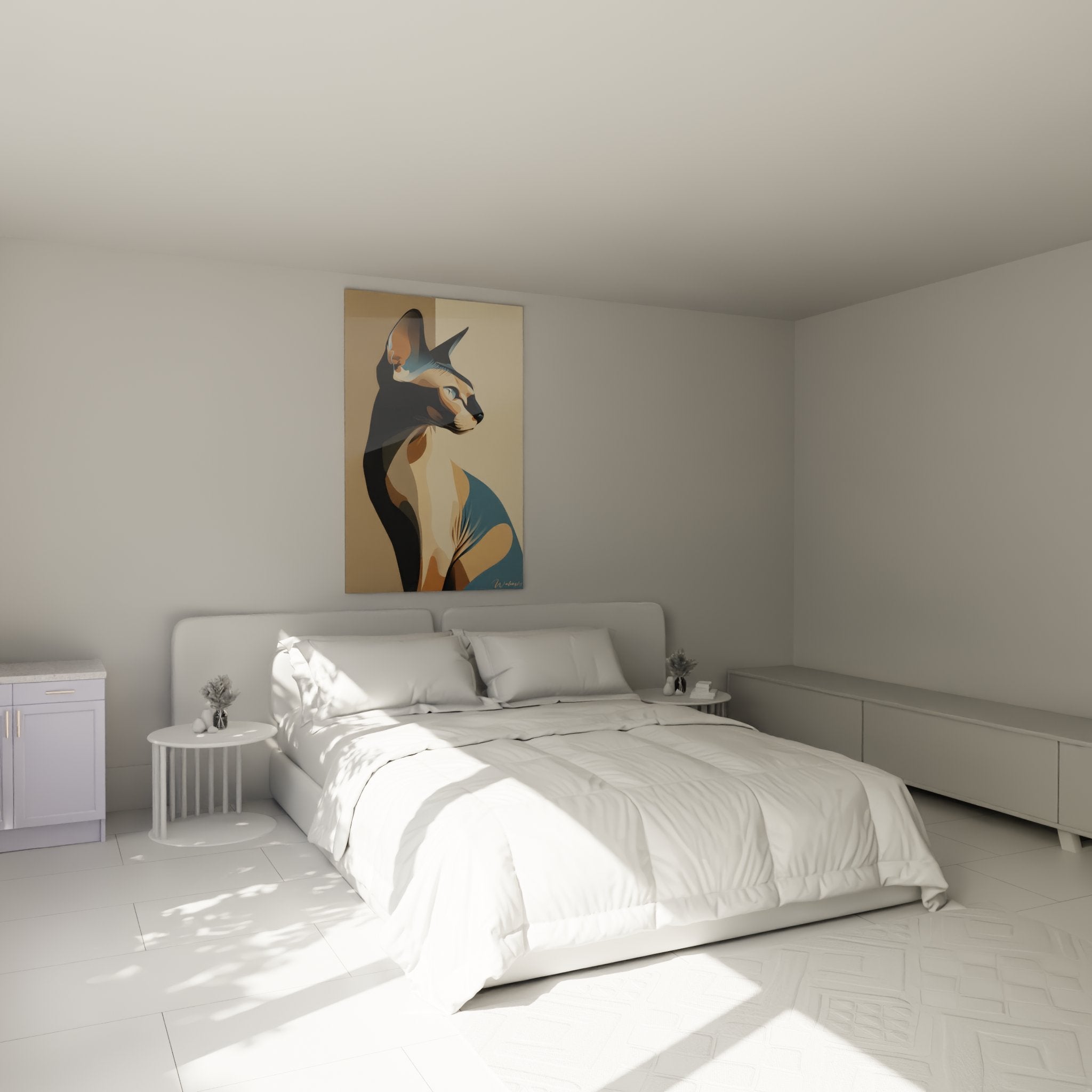 Quadro gatto Sphynx ritratto installato in una camera moderna con decorazione contemporanea