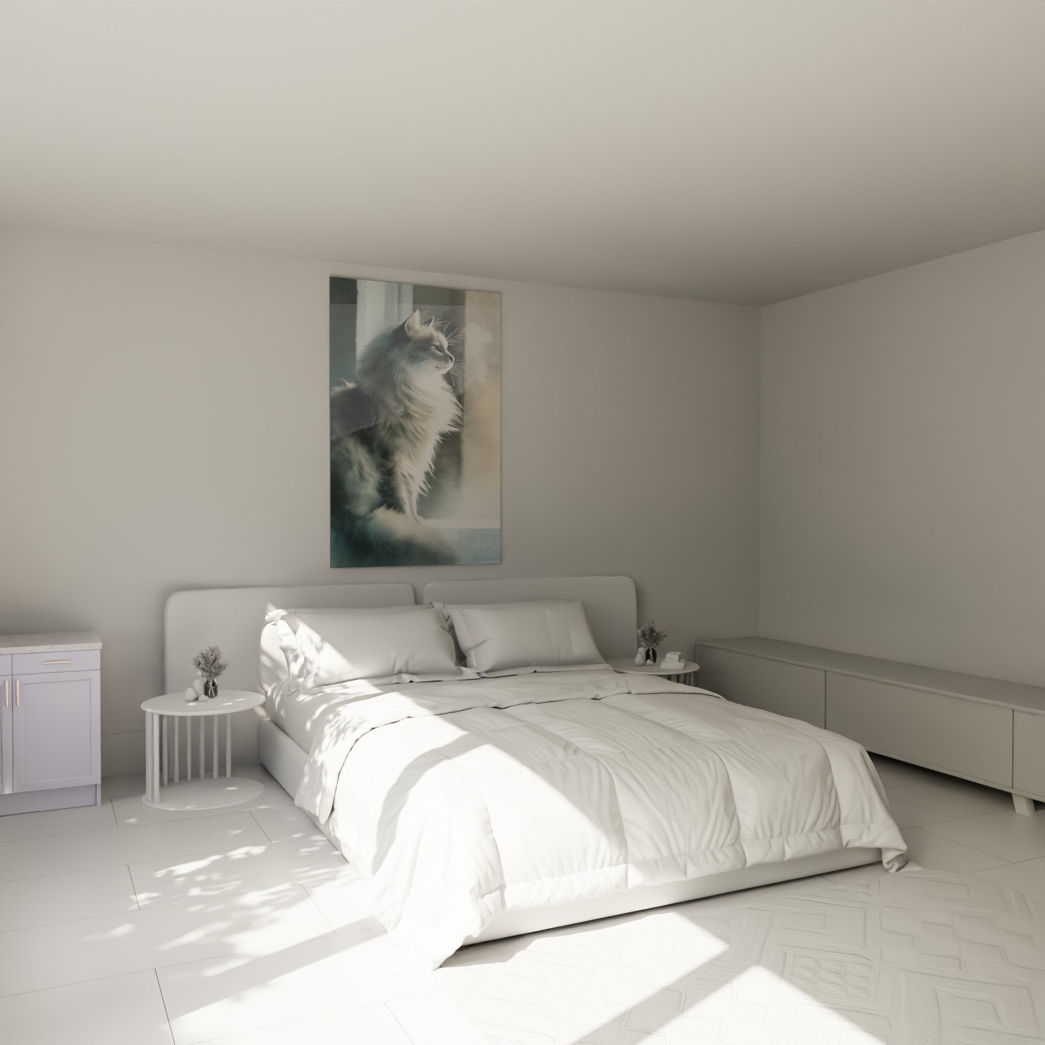 Décoration chambre tableau chat sibérien contemplatif ambiance zen lumière naturelle art félin mural