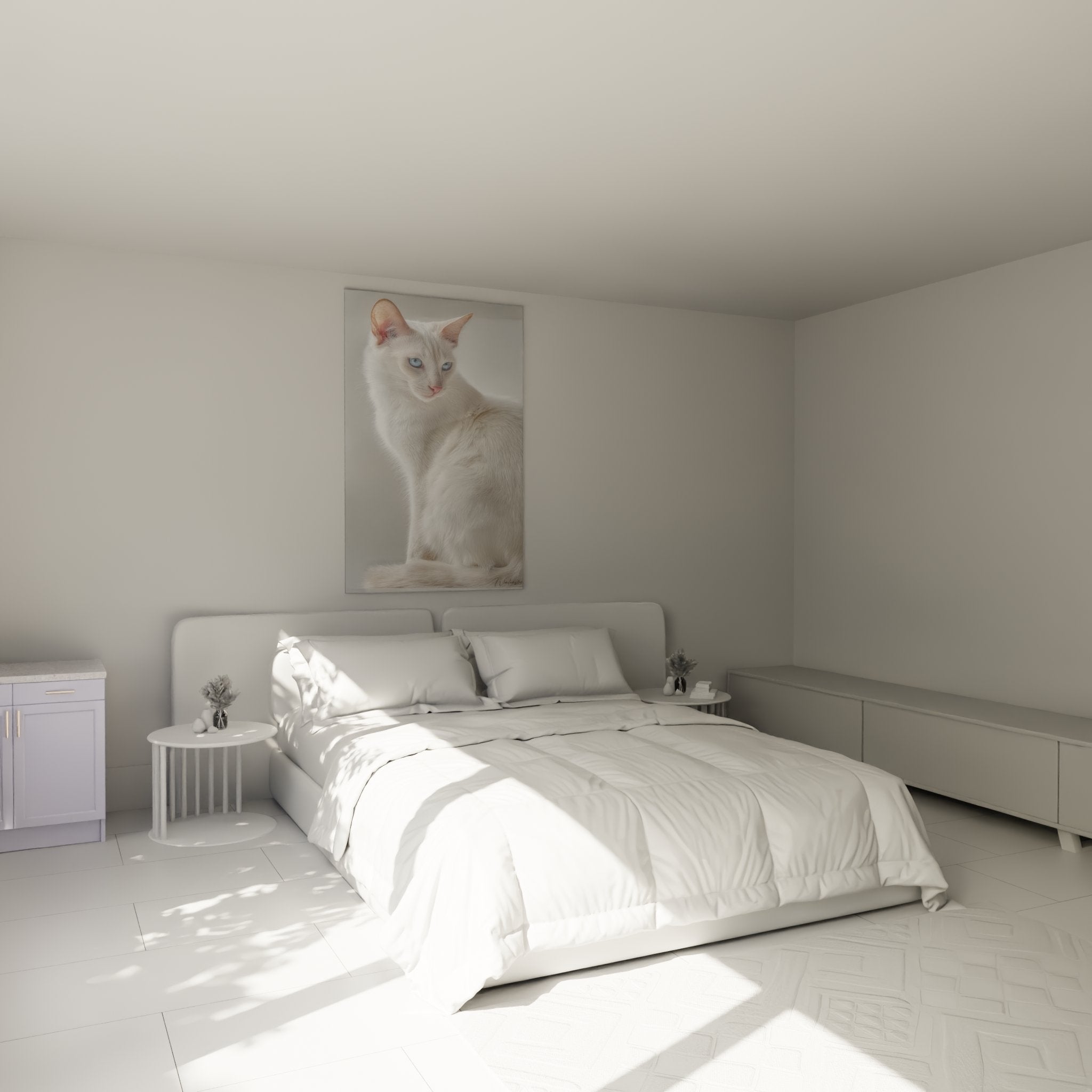 Décoration chambre avec tableau chat Balinais blanc élégant créant atmosphère apaisante et raffinée