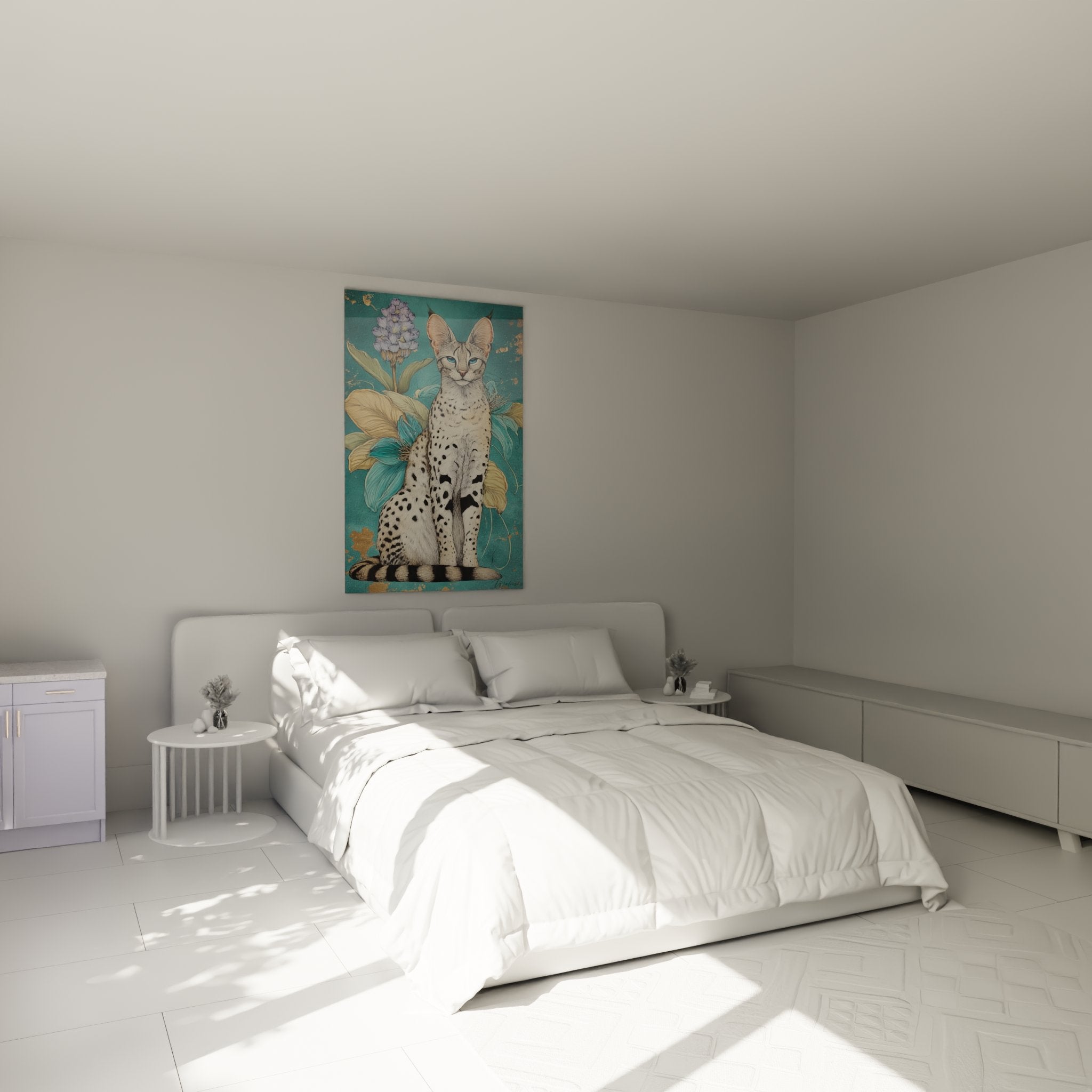 Bedroom ambiance with Serengeti tropical cat wall art in turquoise and gold tones on white wall