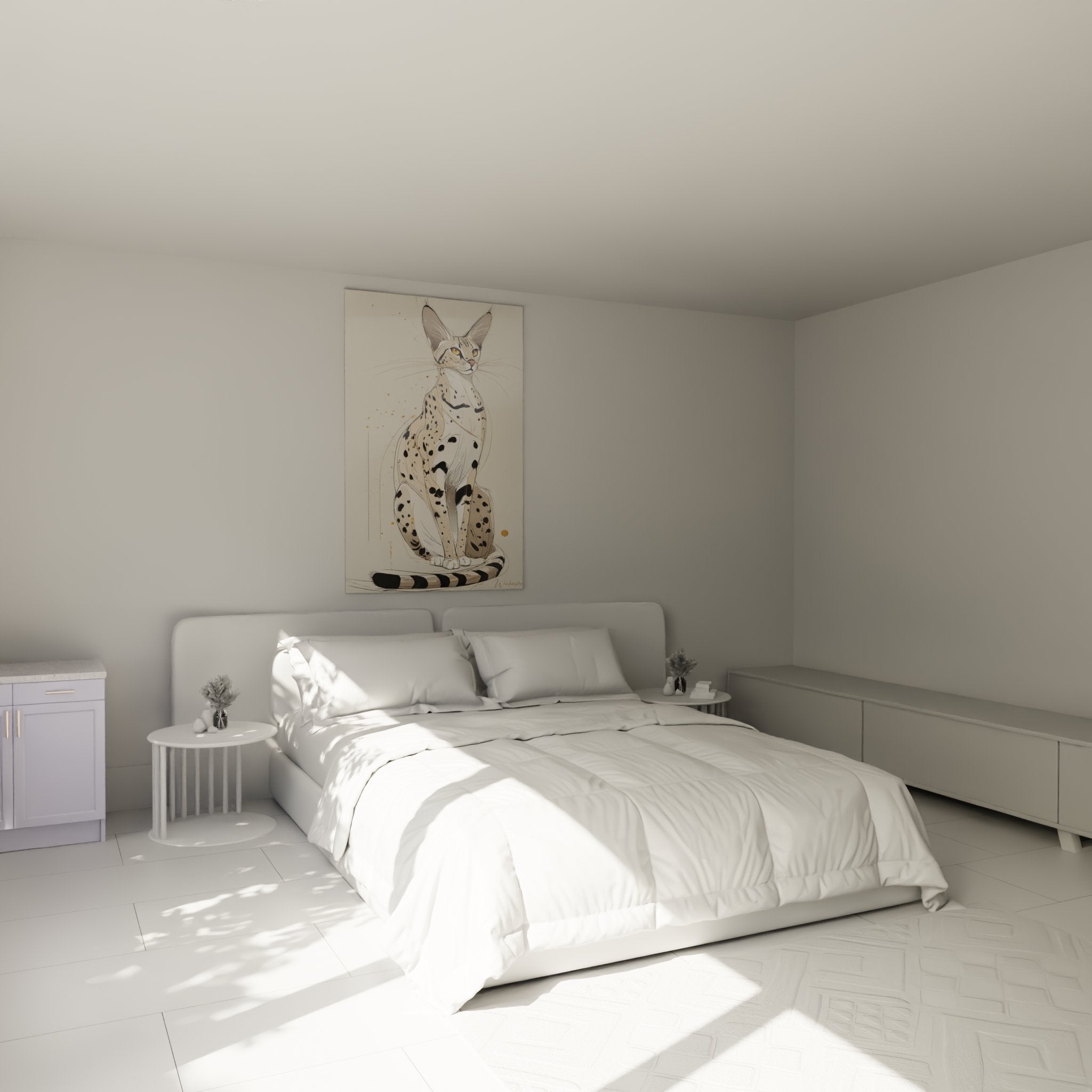 Tableau chat Savannah tacheté dans une chambre moderne, art mural félin sophistiqué