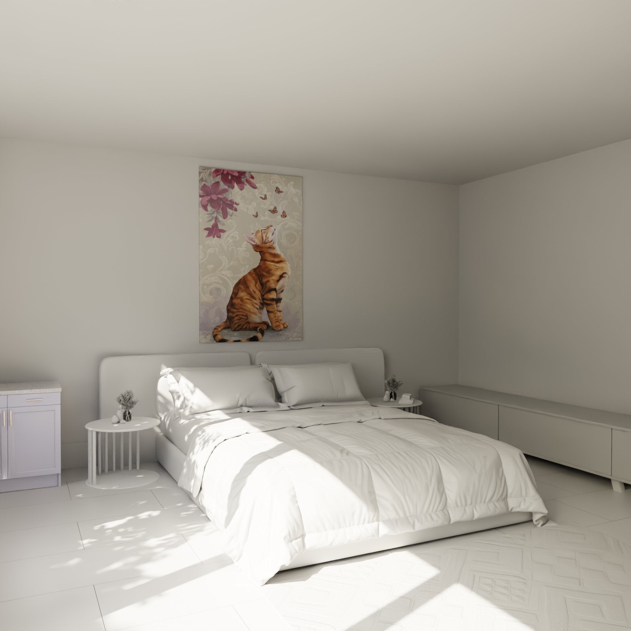 Toyger-Katze-Kunstdruck mit Schmetterlingen, elegant dekorierend ein modernes Schlafzimmer mit romantischer und beruhigender Atmosphäre