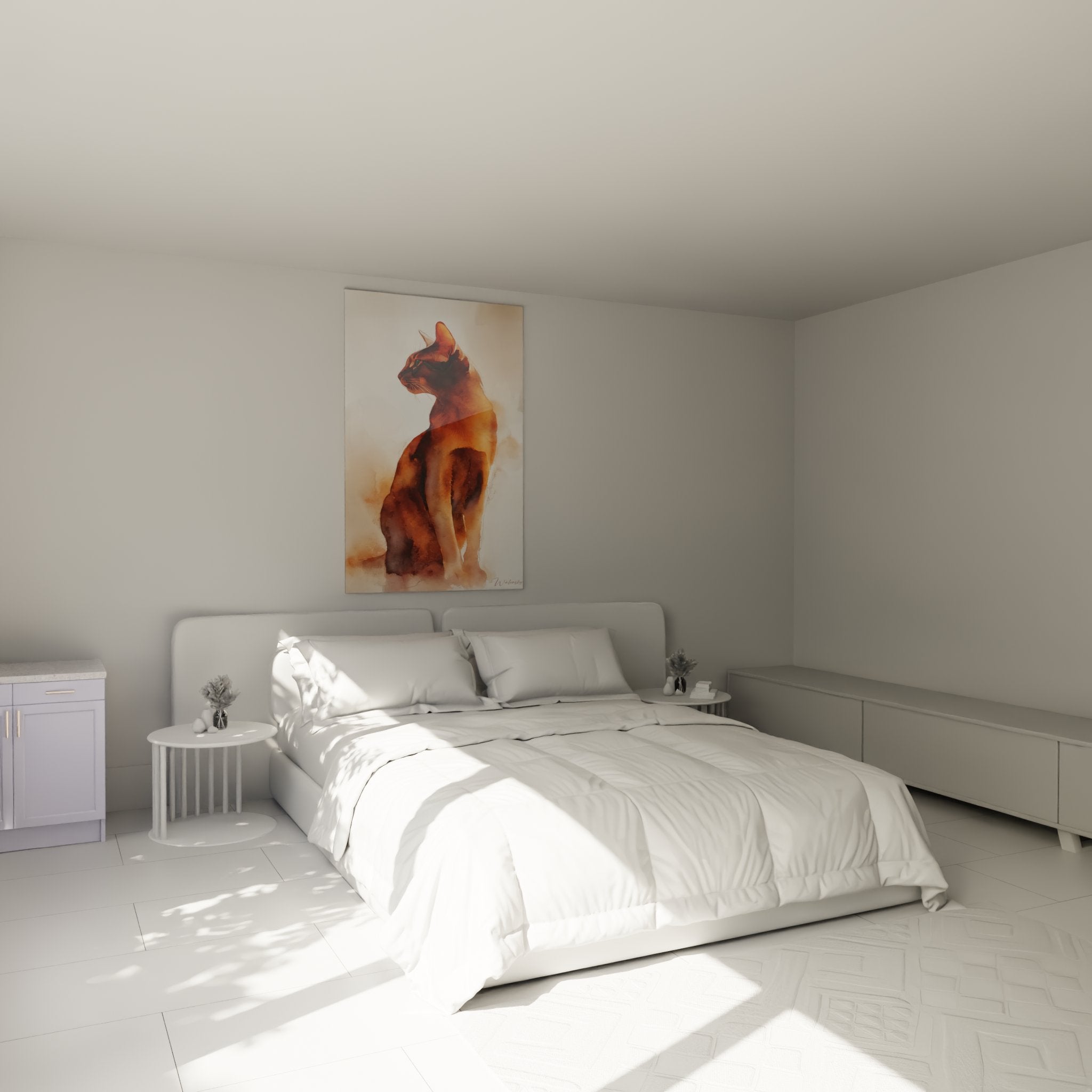 Decorazione parete camera da letto con quadro gatto abissino seppia, atmosfera calda toni dorati