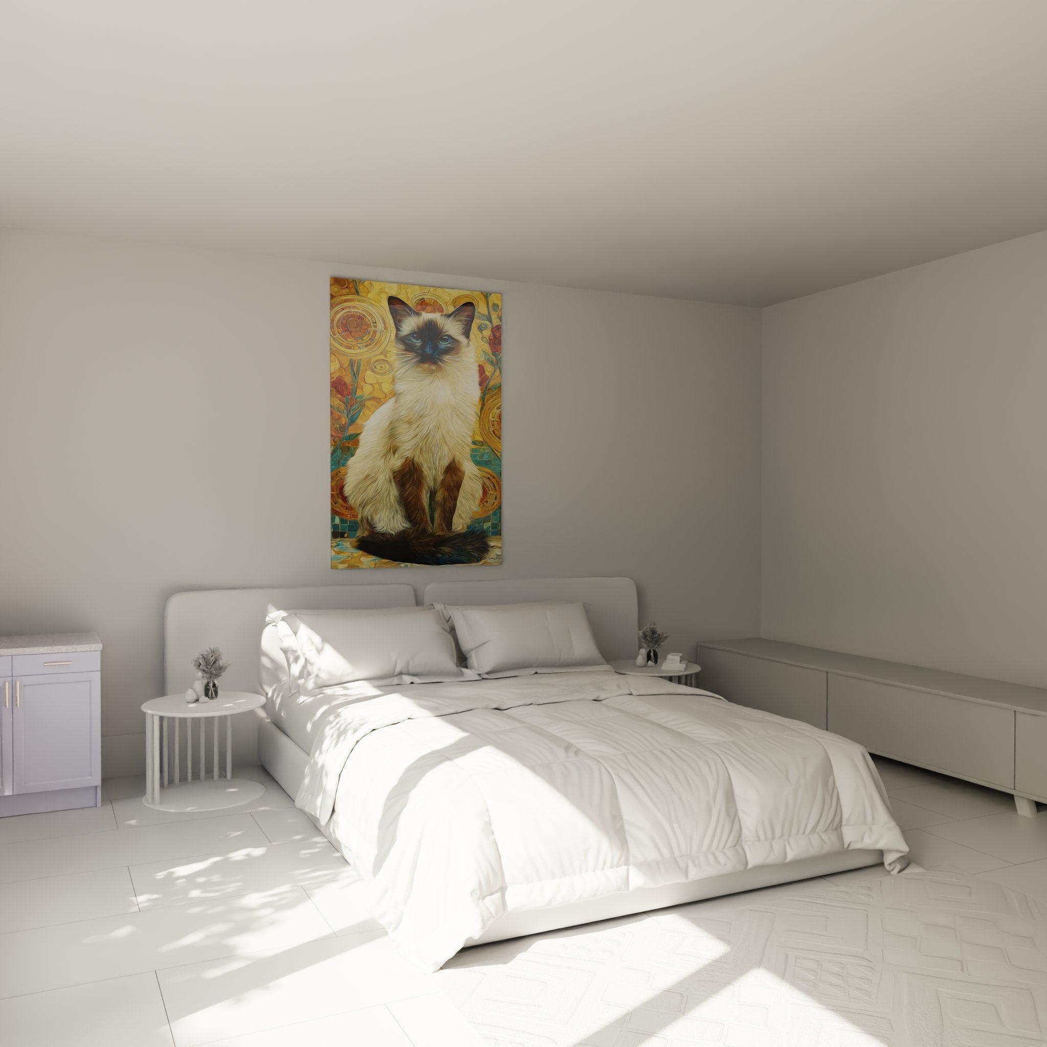 Bedroom decor with Balinese cat artwork Art Nouveau golden tones warm elegant atmosphere