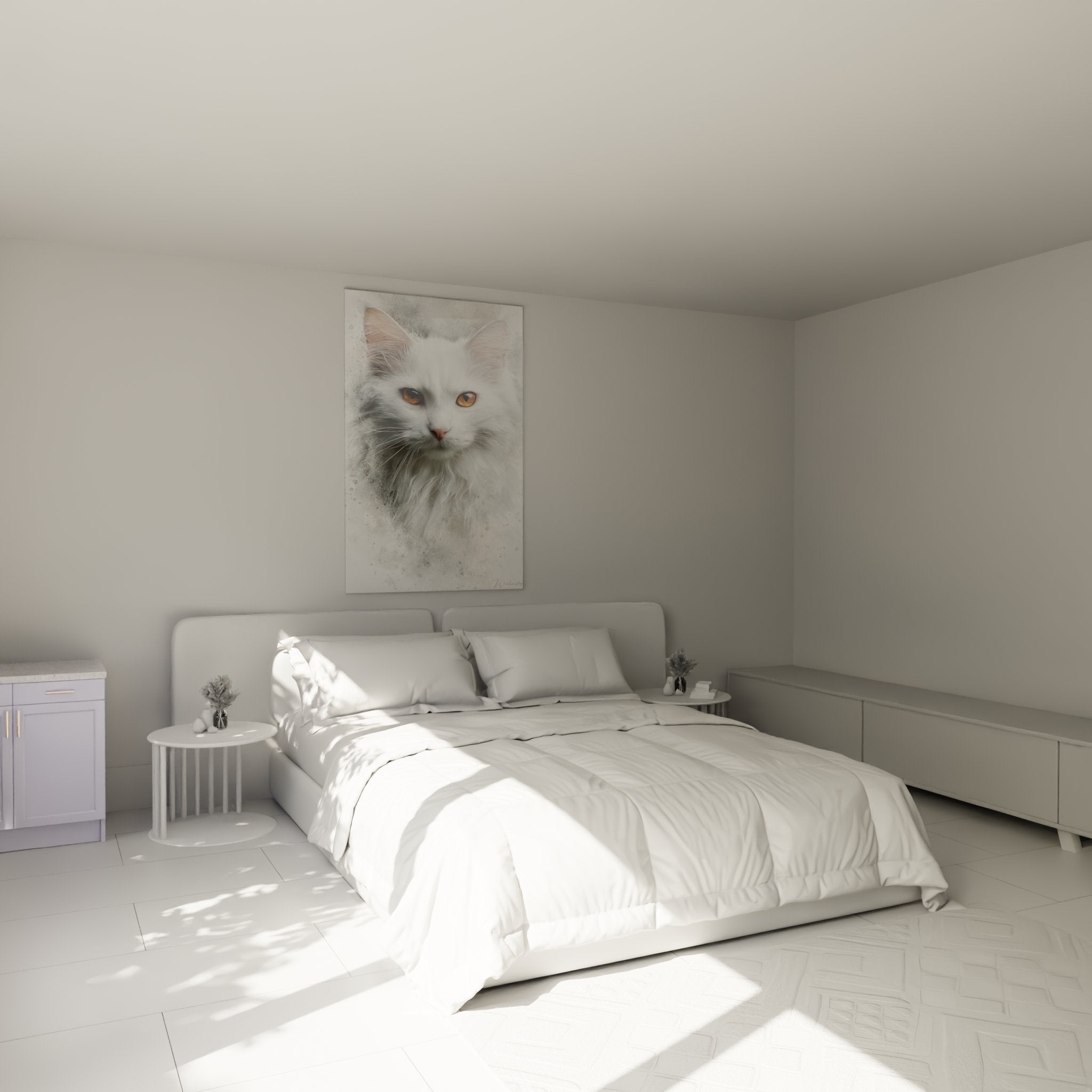 Wanddekoration Schlafzimmer mit Gemälde elegante weiße Turkish Angora Katze zeitgenössischer künstlerischer Stil