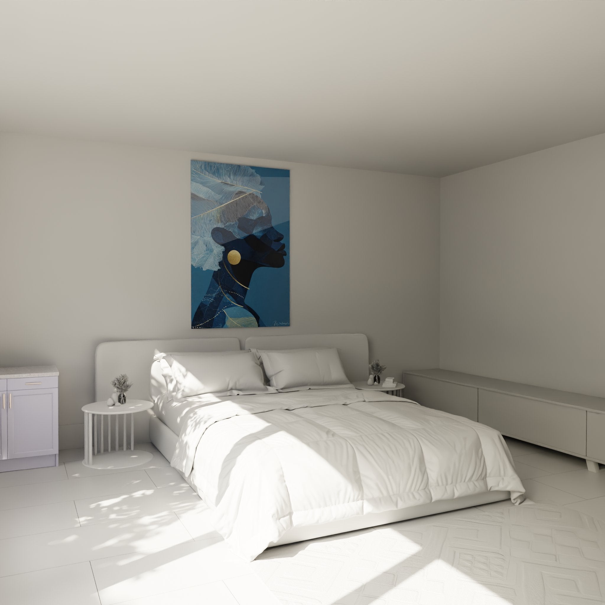 Ritratto donna africana piume celesti che decorano camera moderna con toni blu rilassanti