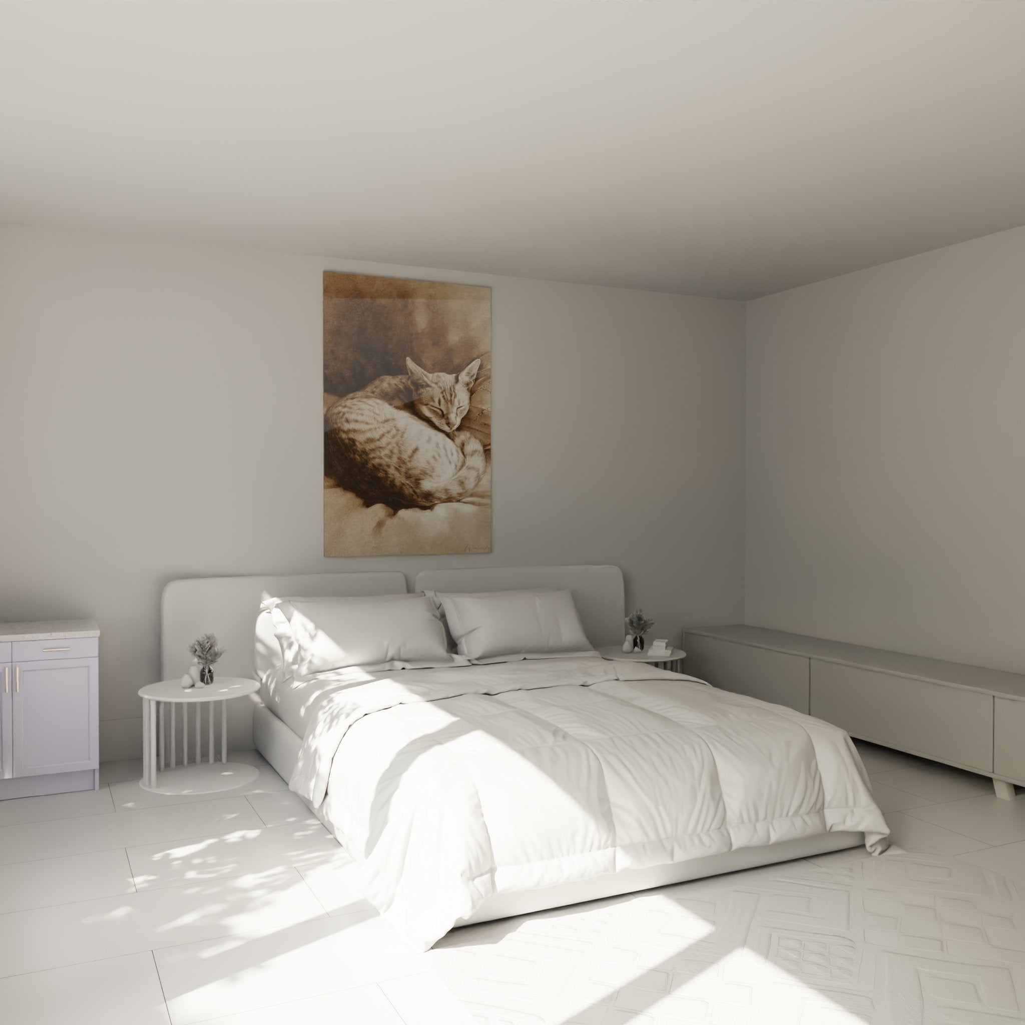 Singapura cat sleeping wall art elegantly decorating a modern bedroom with neutral and soothing tones